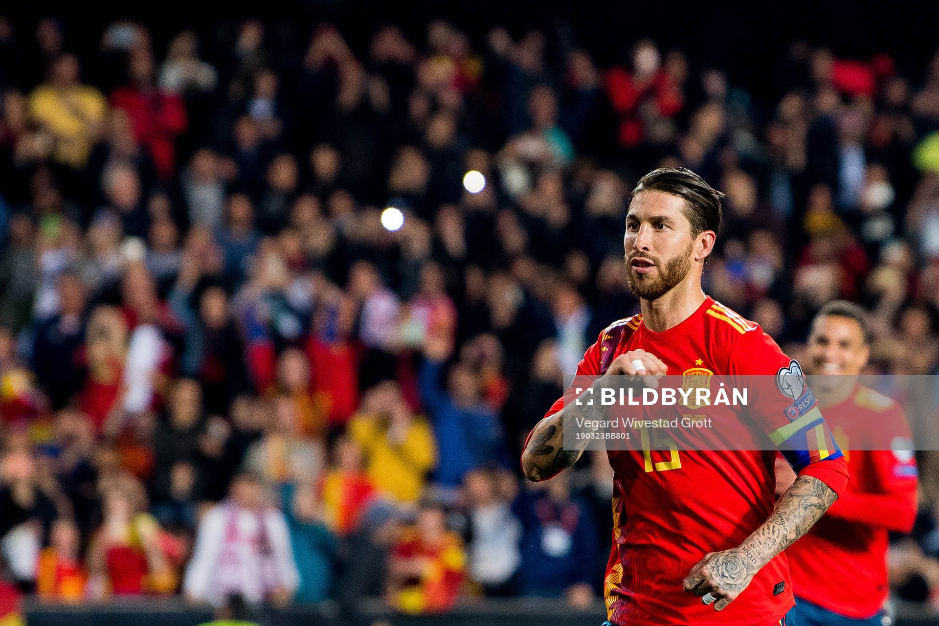 Sergio Ramos of Spain celebrates scoring 2-1