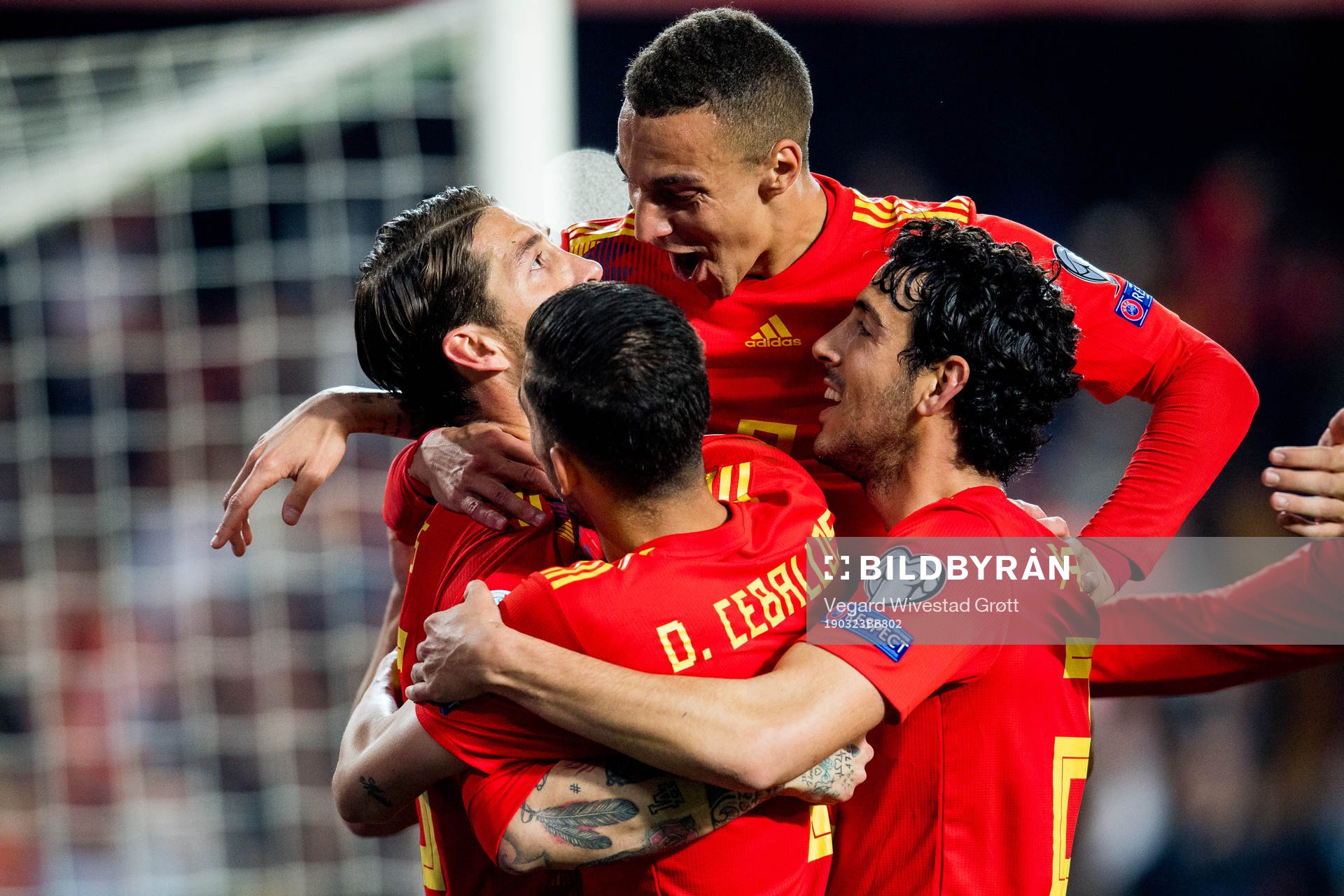 Sergio Ramos of Spain celebrates with teammate Rodrigo Moreno Machado after scoring 2-1 on a penalty kick during the UEFA Euro Qualifier football match between Spain and Norway on March 23, 2019 in Valencia.