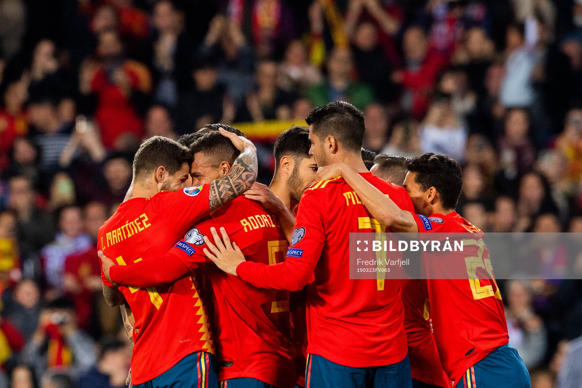 Rodrigo Moreno Machado of Spain celebrates with his teammates after scoring 1-0 during the UEFA Euro Qualifier football match between Spain and Norway on March 23, 2019 in Valencia.