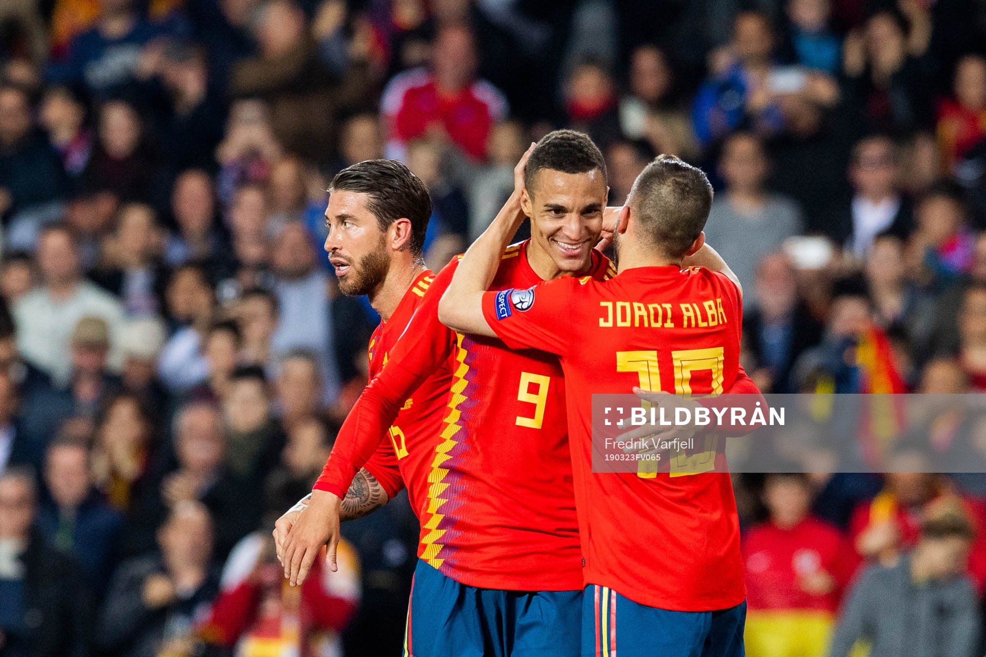 Rodrigo Moreno Machado of Spain celebrates with his teammates after scoring 1-0 during the UEFA Euro Qualifier football match between Spain and Norway on March 23, 2019 in Valencia.