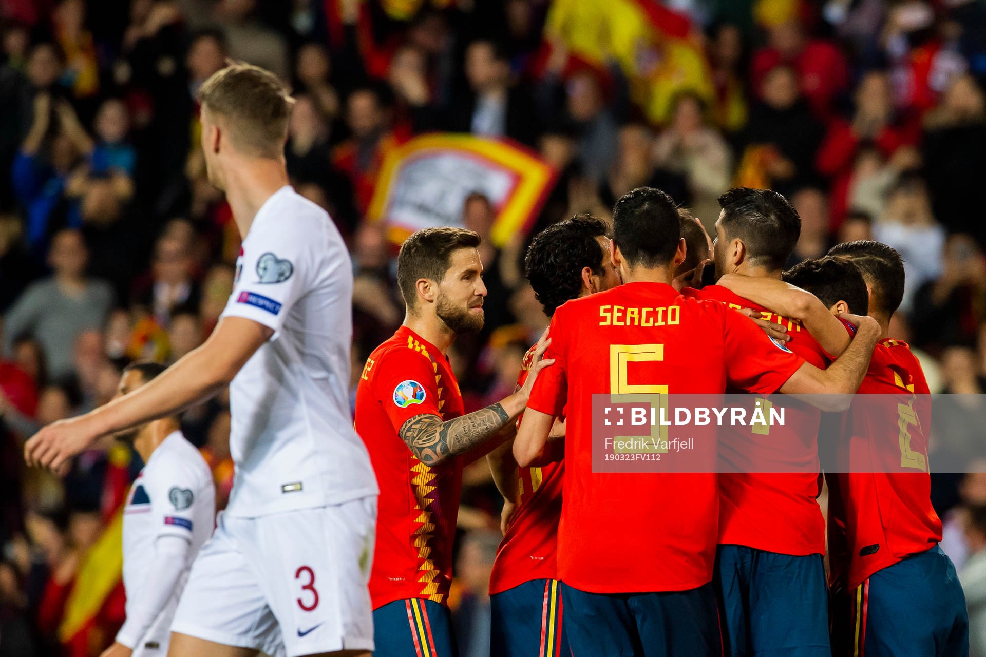 Rodrigo Moreno Machado of Spain celebrates with his teammates after scoring 1-0 during the UEFA Euro Qualifier football match between Spain and Norway on March 23, 2019 in Valencia.