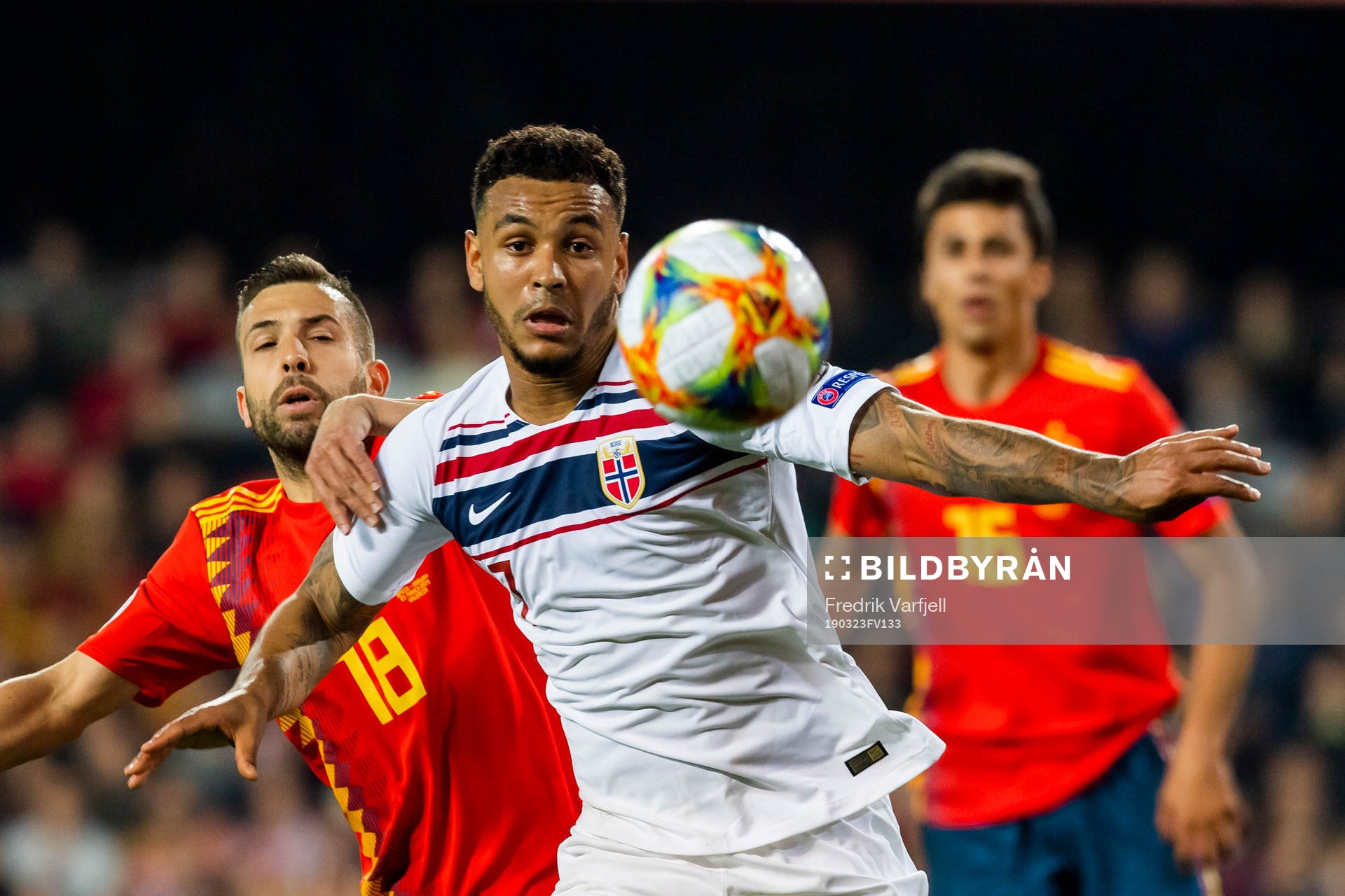 Joshua King of Norway and Jordi Alba of Spain
