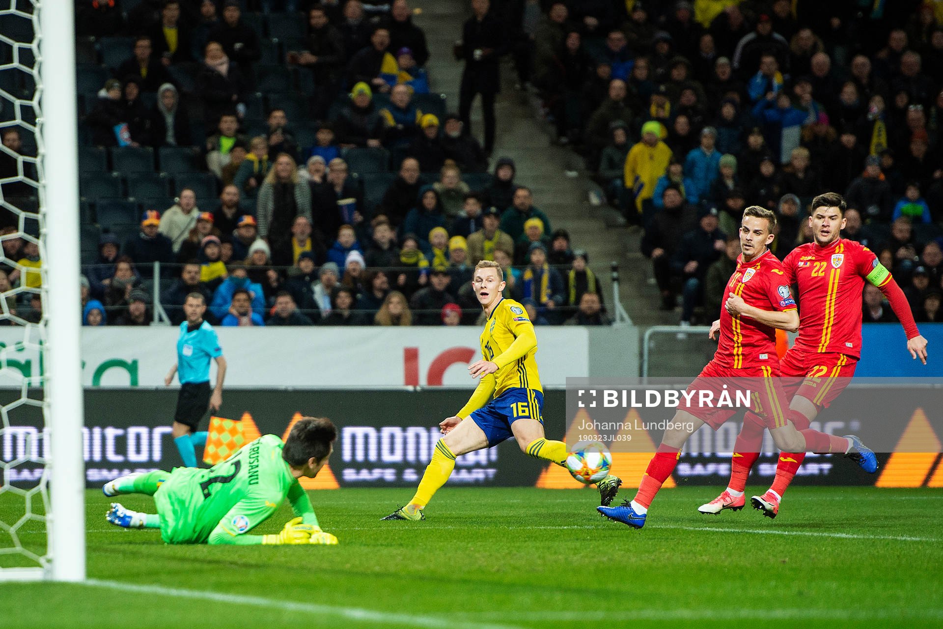 Emil Krafth of Sweden against goalkeeper Ciprian