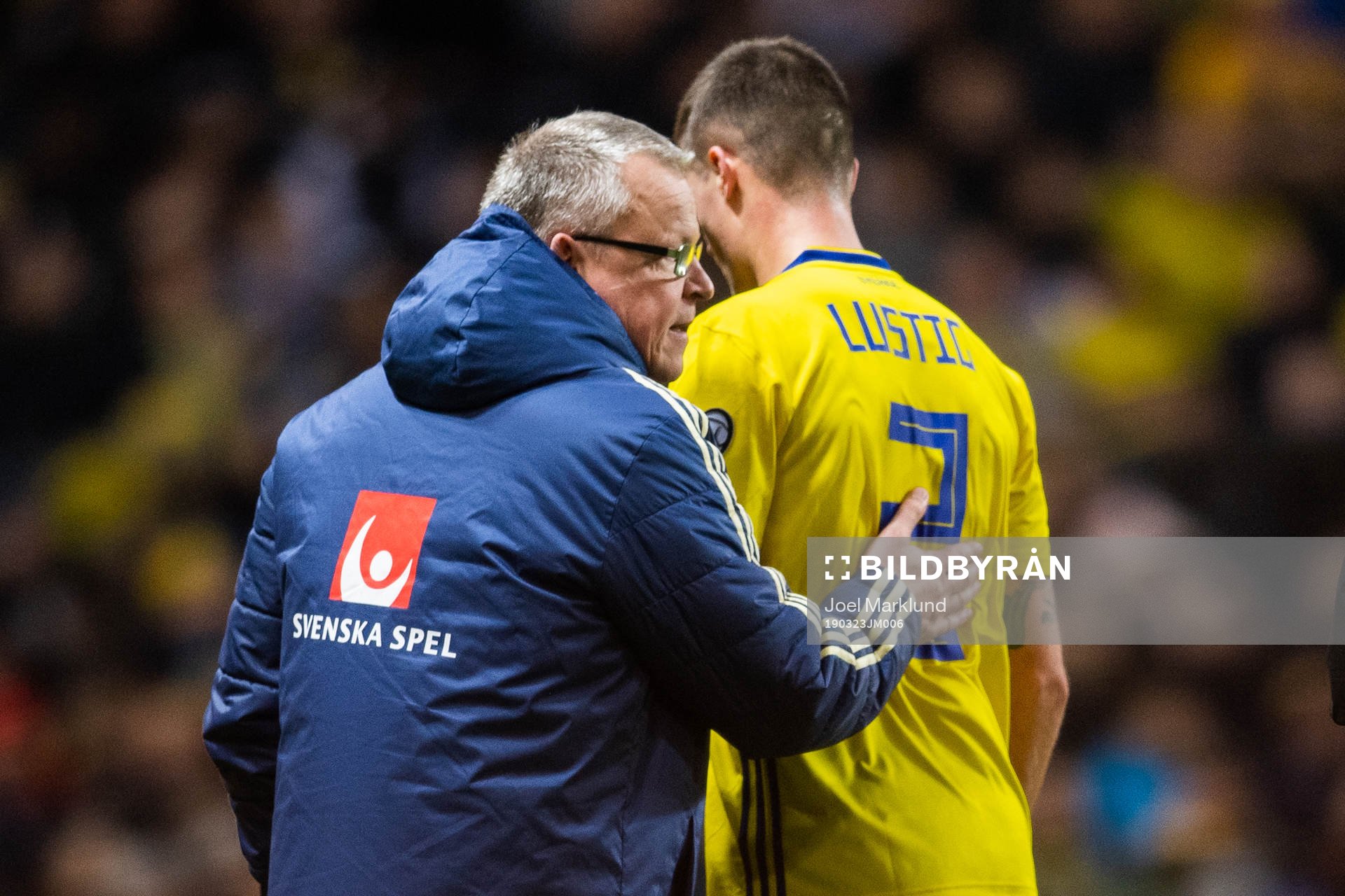 Head coach Janne Andersson tends to Mikael Lustig of Sweden