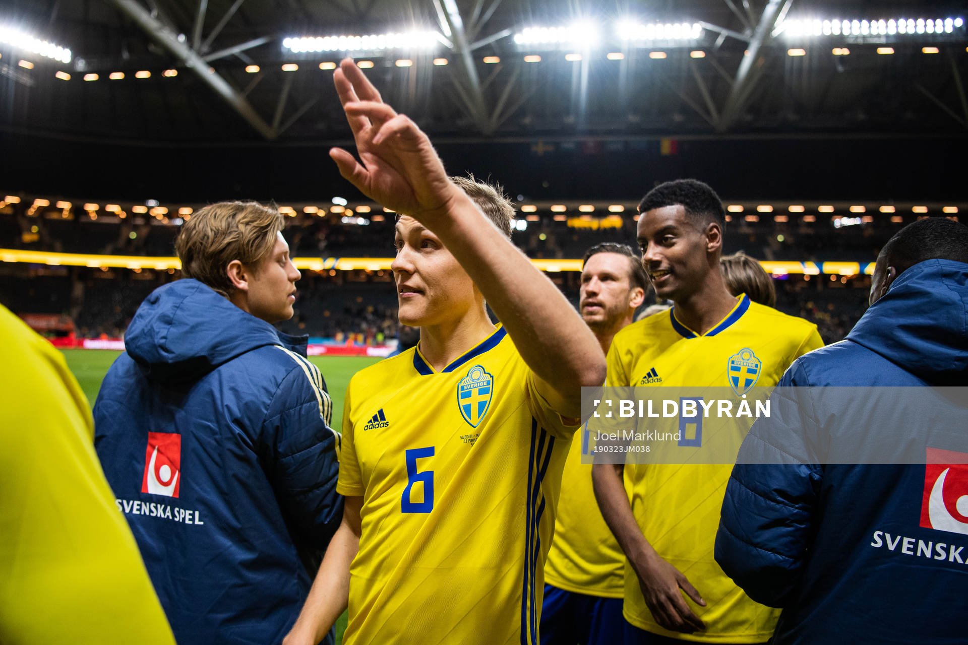 Ludwig Augustinsson and Alexander Isak of Sweden celebrate after winning the UEFA Euro Qualifier football match between Sweden and Romania on March 23, 2019 in Stockholm.