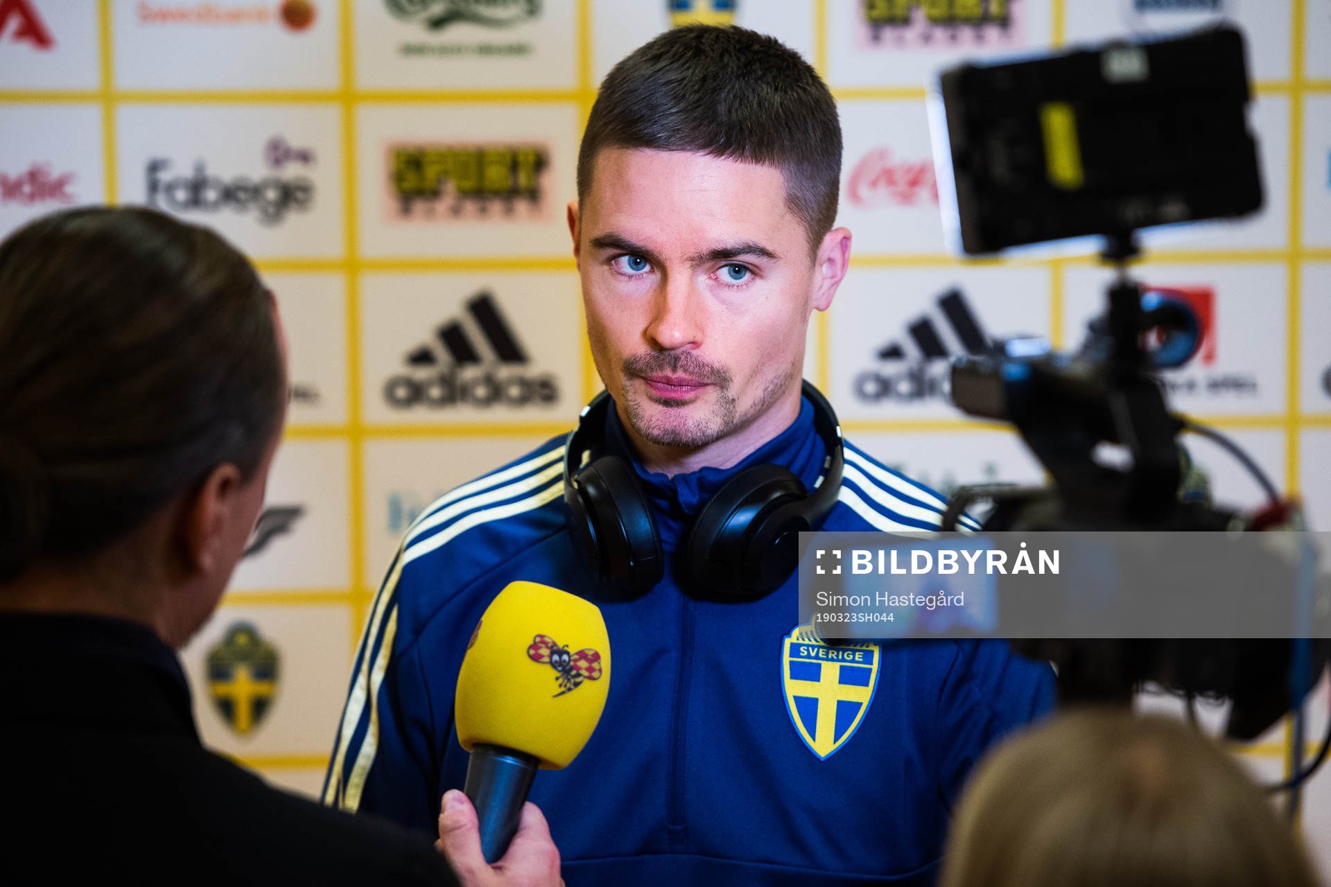 Mikael Lustig of Sweden is being interviewed by the media