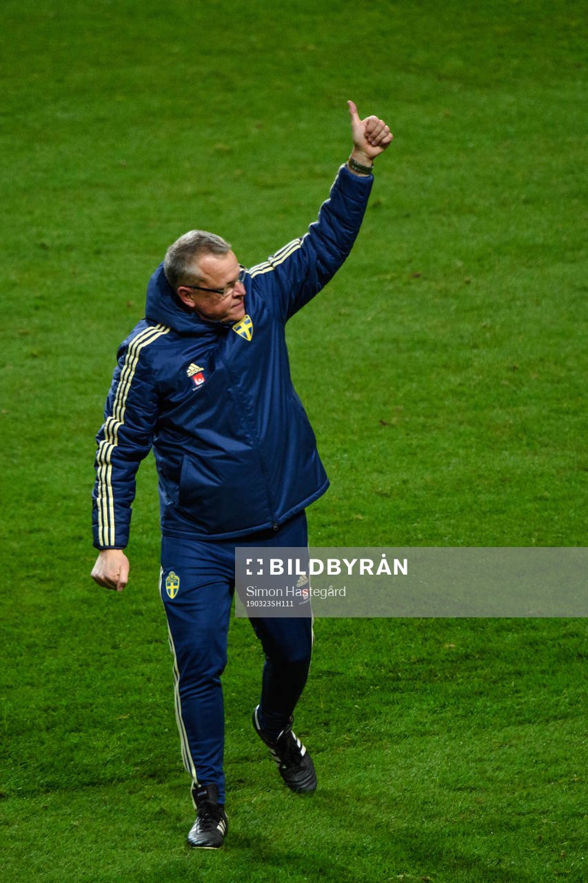 Head coach Janne Andersson of Sweden celebrates