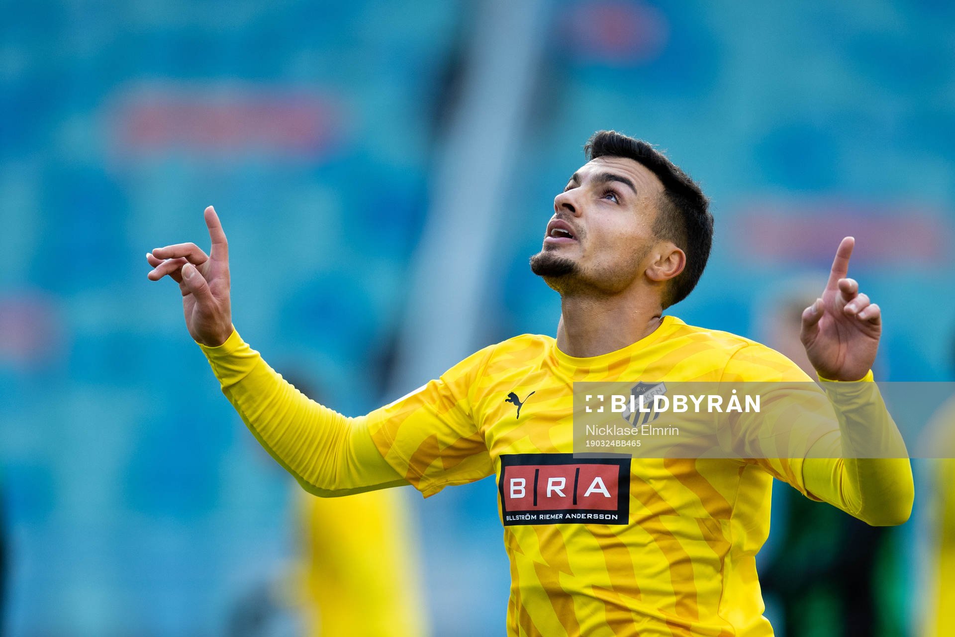 Häckens Ahmed Yasin jublar efter 1-2 målet under träningsmatchen i fotboll mellan Häcken och Gais 24 mars 2019 i Göteborg.