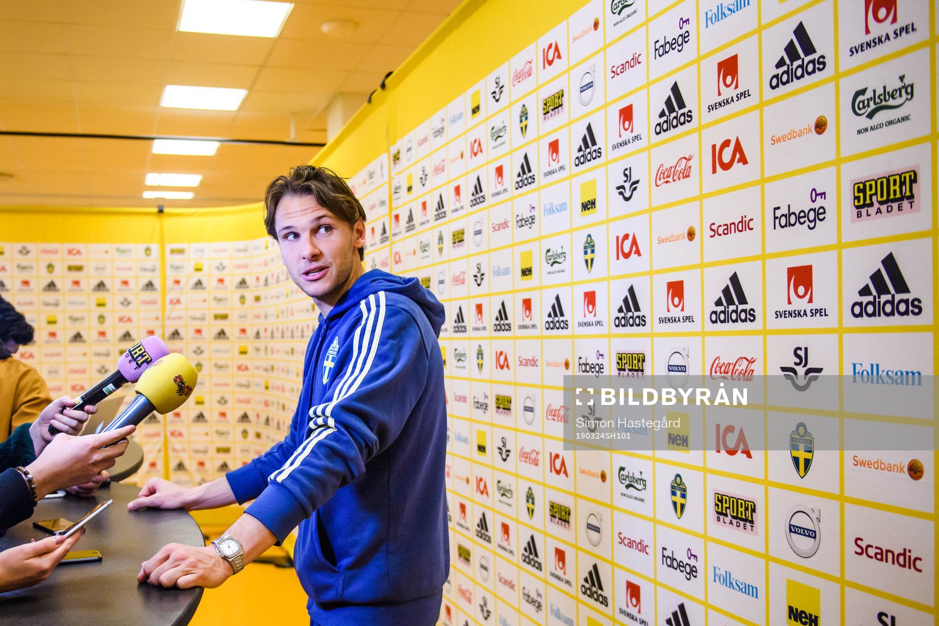 Albin Ekdal of Sweden in the mixed zone on March 24, 2019 in Stockholm.