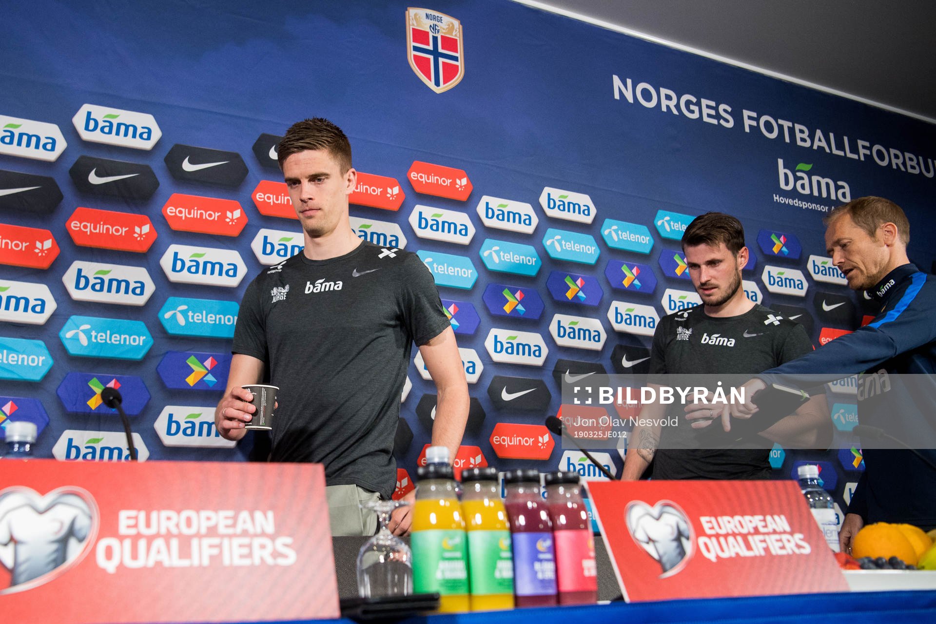 Markus Henriksen and Håvard Nordtveit of Norway arrive