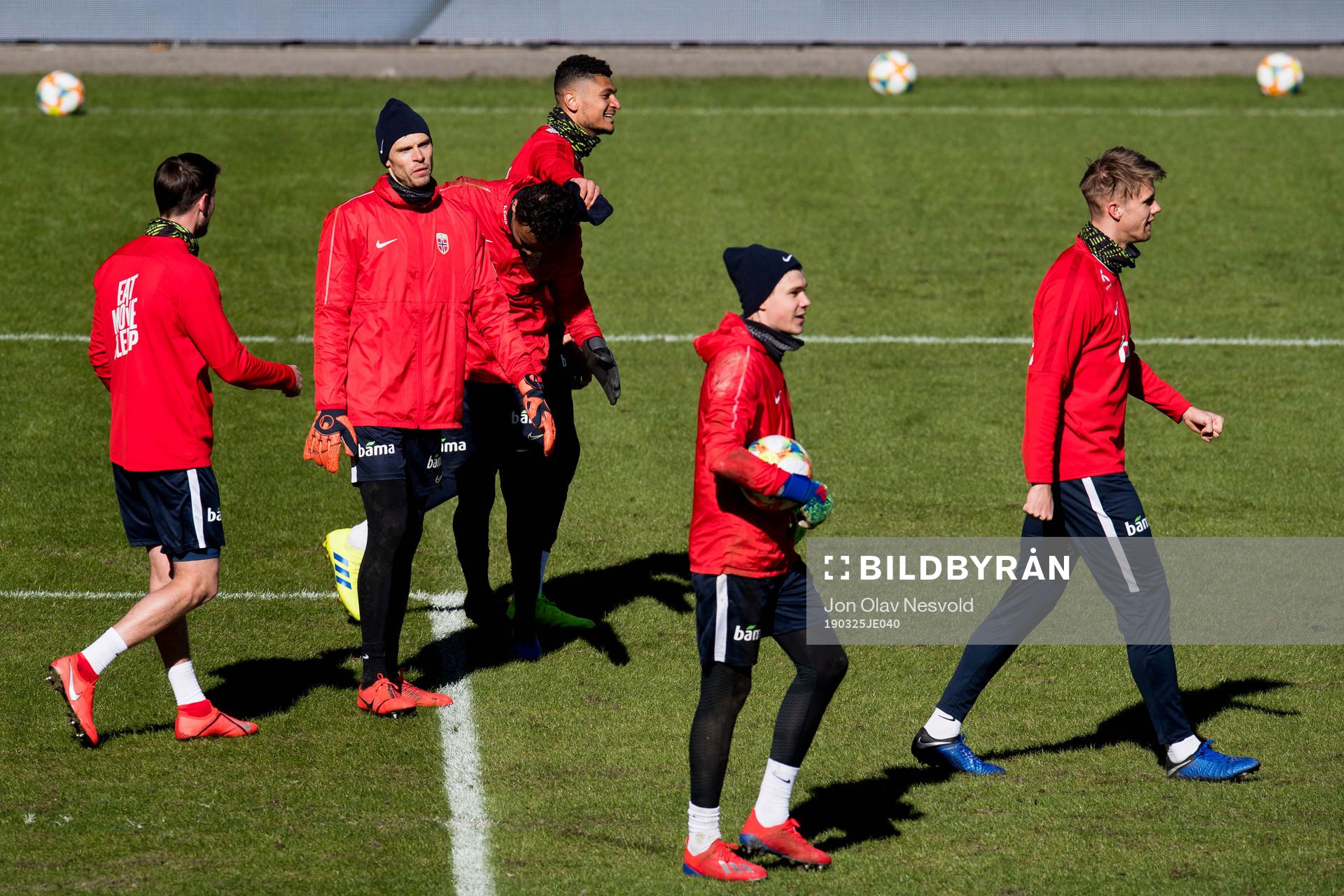 Goalkeeper Rune Almenning Jarstein, goalkeeper Sten Grytebust, Bjørn Maars Johnsen, goalkeeper Per Kristian Worre Bråtveit and Kristoffer Ajer of Norway during a training session on March 25, 2019 in Oslo.