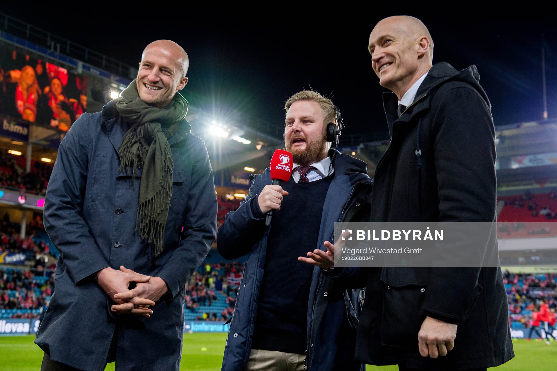 Brede Hangeland, Marius Skjelbæk and Erik Thorstvedt of TV 2 ahead of the UEFA Euro qualifier football match between Norway and Sweden on March 26, 2019 in Oslo.