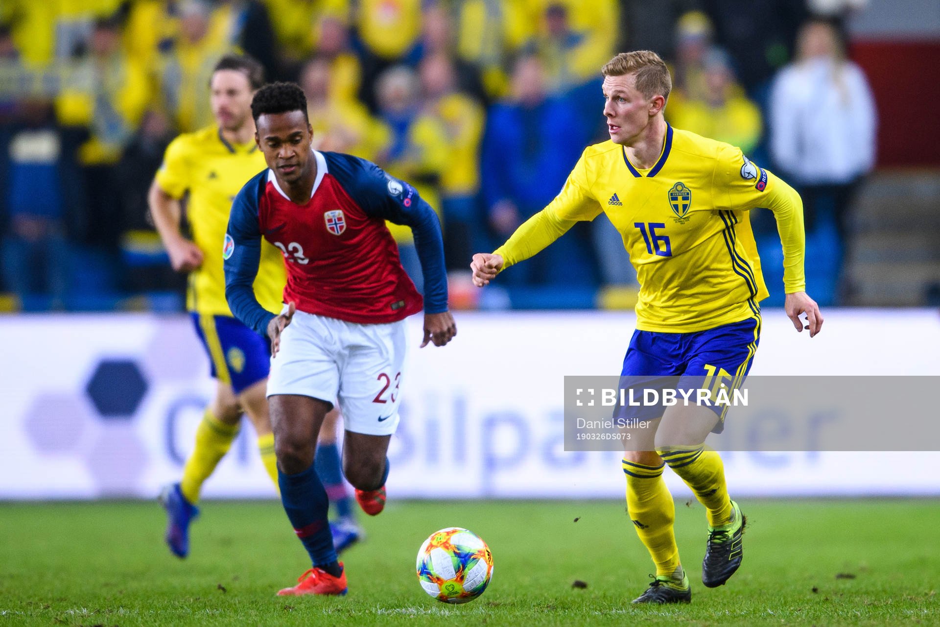 Kristoffer Ajer of Norway and Emil Krafth of Sweden