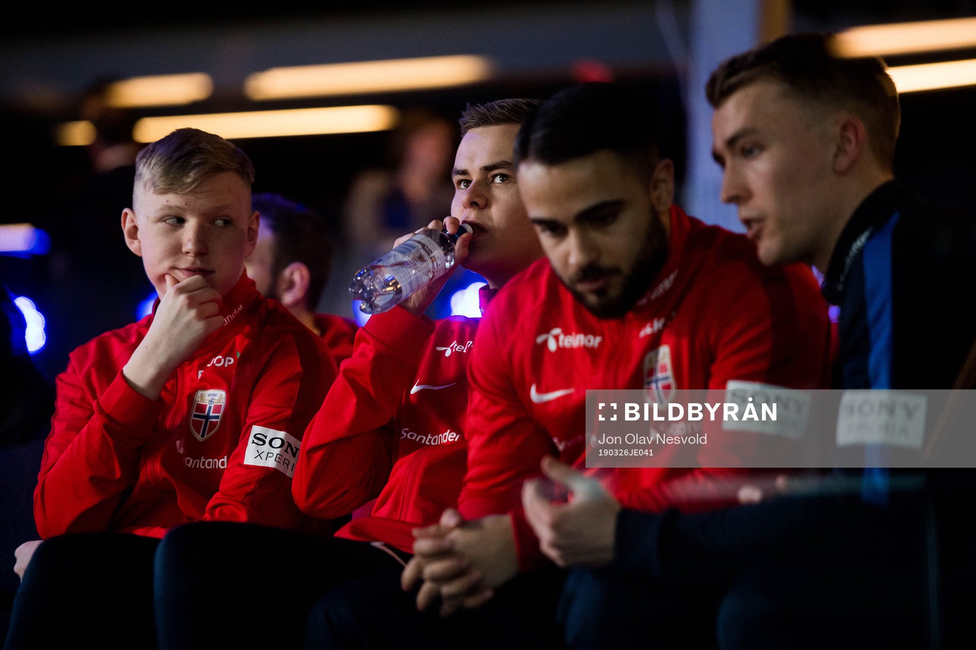 Magnus Myrhaug Kristiansen, Anders Rasmussen, Arkan Resul and Marius Hjerpseth, coach, of Norway during the e-football friendly match between Norway and Sweden on March 26, 2019 in Oslo.