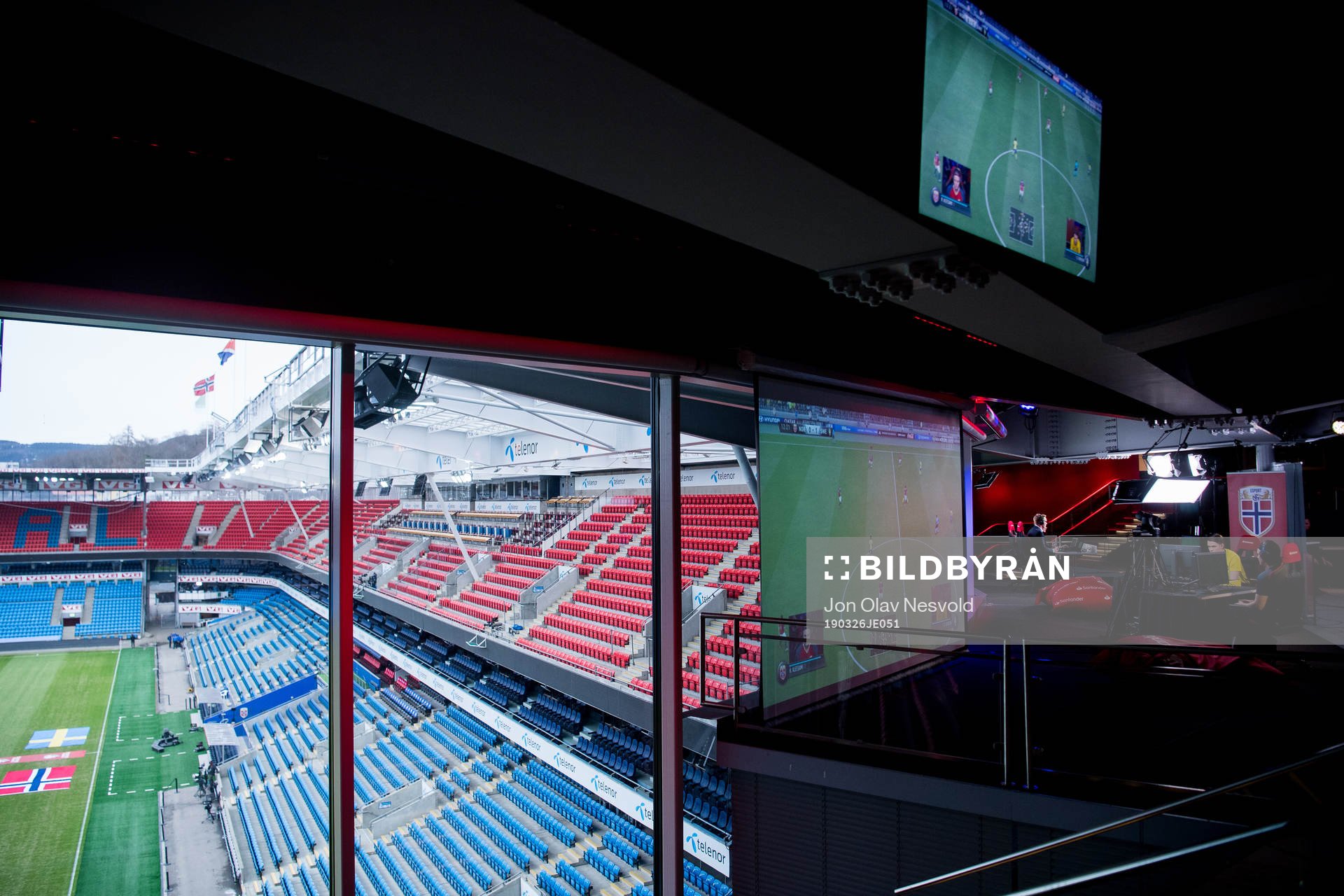 General view of Ullevaal Stadium and David Eidhammer of Sweden and Sondre Voktor of Norway during the e-football friendly match between Norway and Sweden on March 26, 2019 in Oslo.