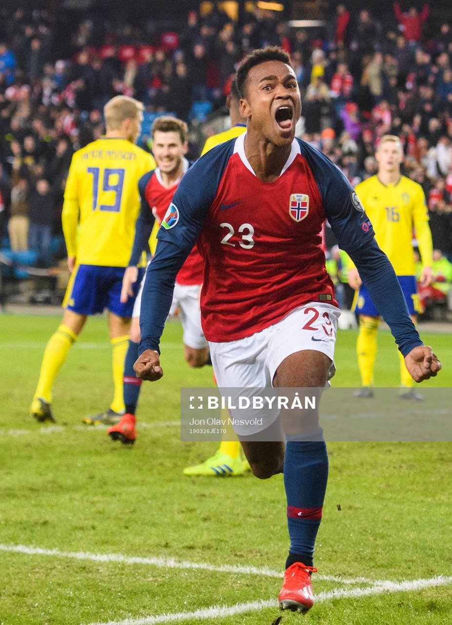 Ola Kamara of Norway celebrates after his 3-3 goal during the UEFA Euro qualifier football match between Norway and Sweden on March 26, 2019 in Oslo.