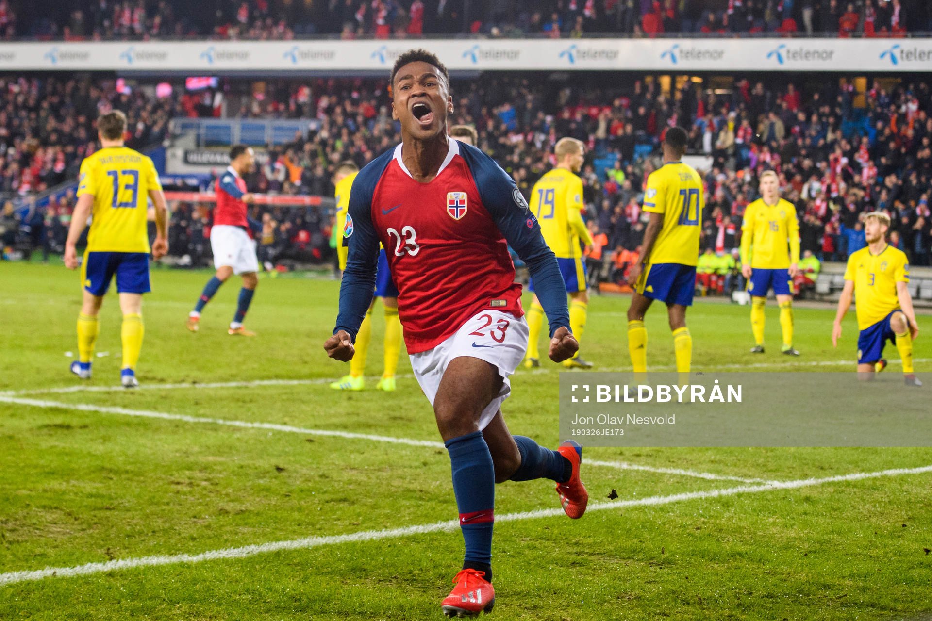 Ola Kamara of Norway celebrates after his 3-3 goal during the UEFA Euro qualifier football match between Norway and Sweden on March 26, 2019 in Oslo.