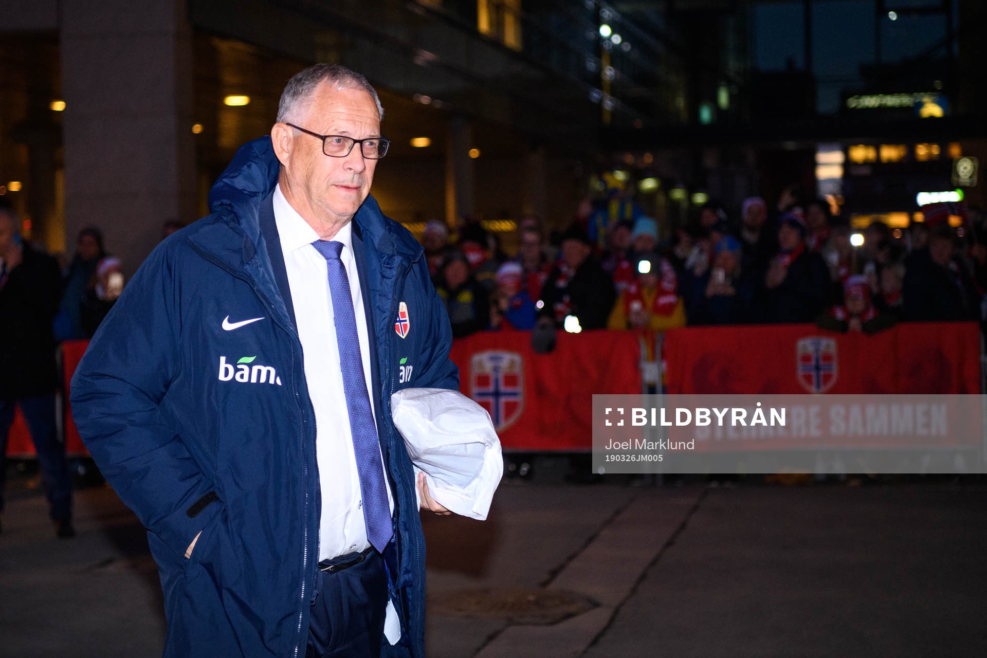 Lars Lagerbäck, head coach of Norway, arrives at the arena