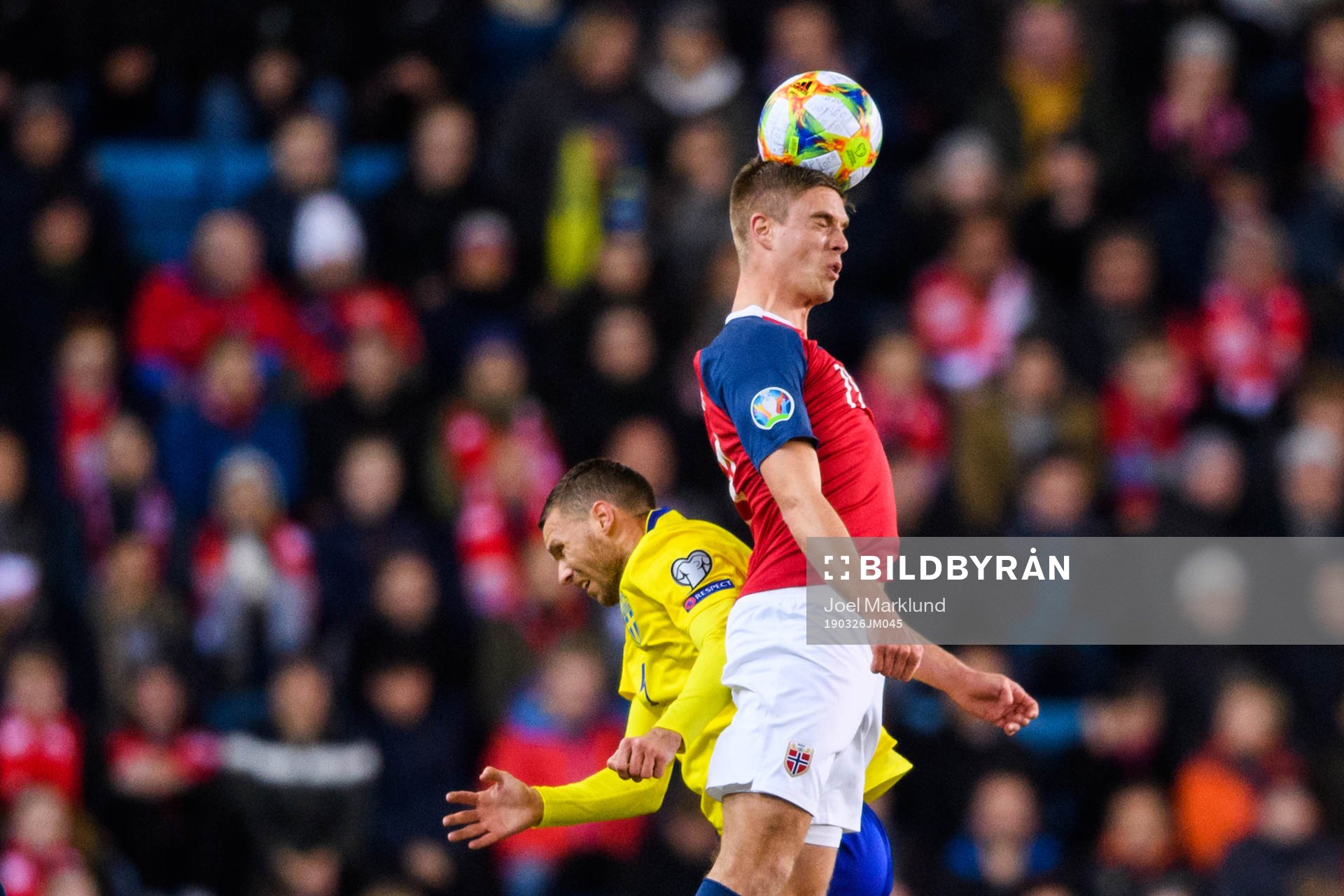 Marcus Berg of Sweden and Markus Henriksen of Norway during the UEFA Euro qualifier football match between Norway and Sweden on March 26, 2019 in Oslo.