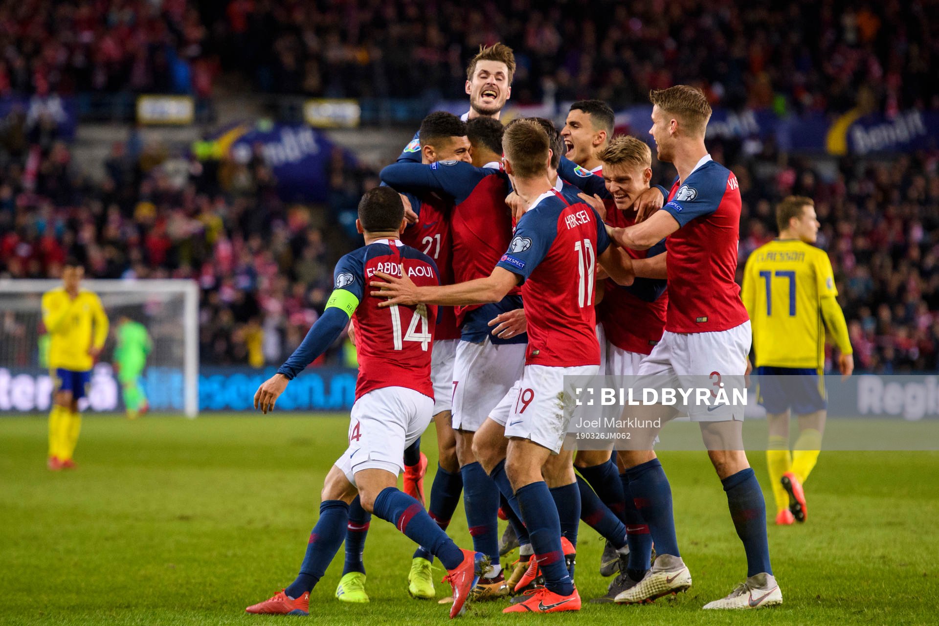 Bjørn Maars Johnsen of Norway celebrates with teammates
