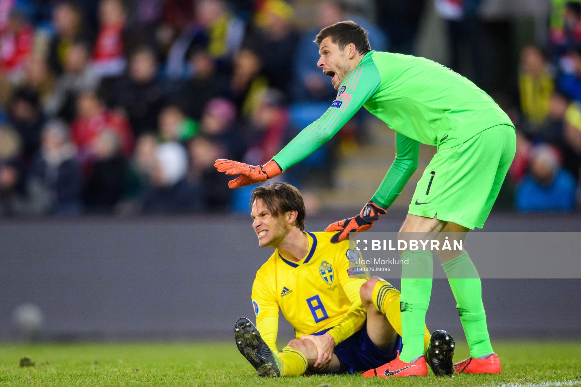 Albin Ekdal of Sweden in pain and goalkeeper Rune Almenning