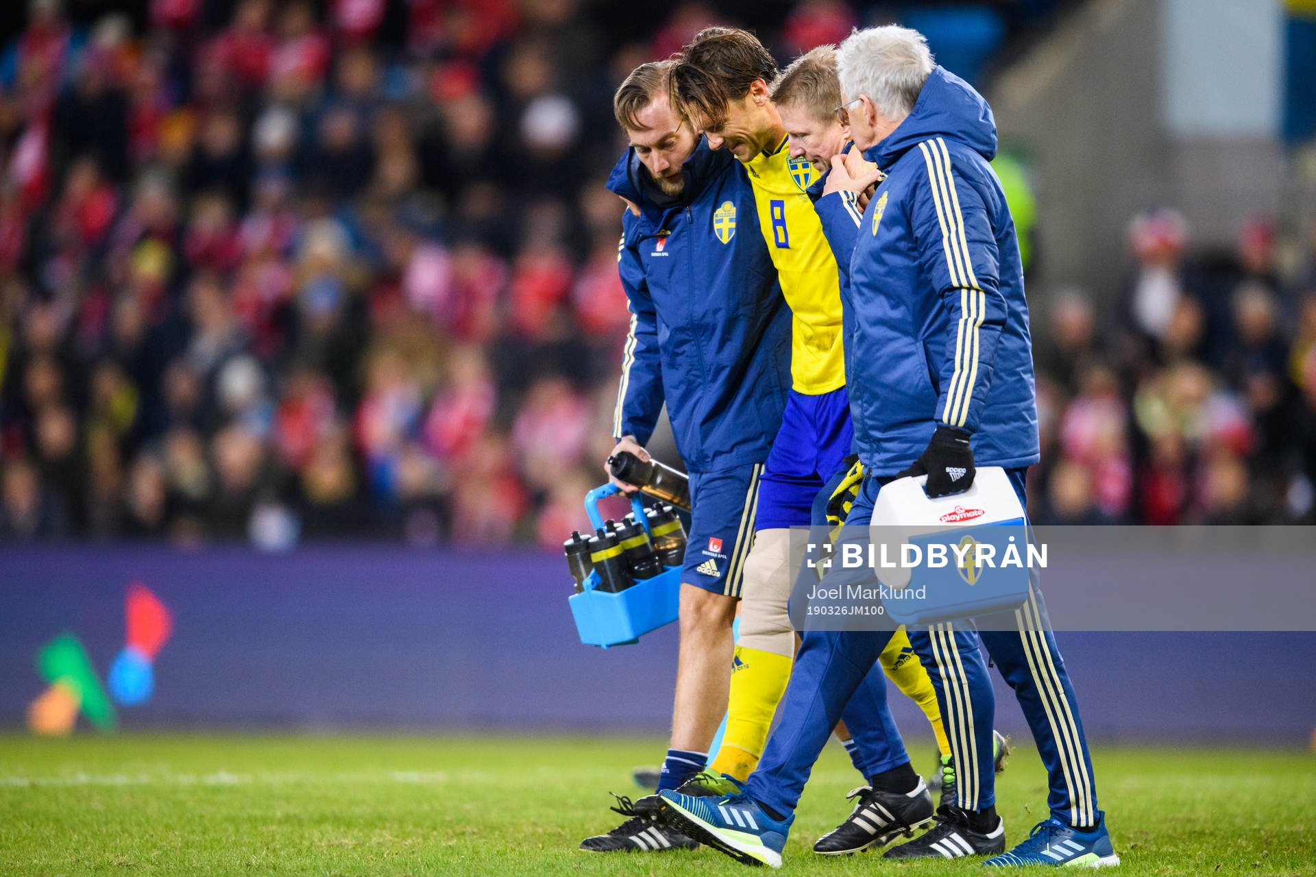 Albin Ekdal of Sweden leaves the pitch with an injury