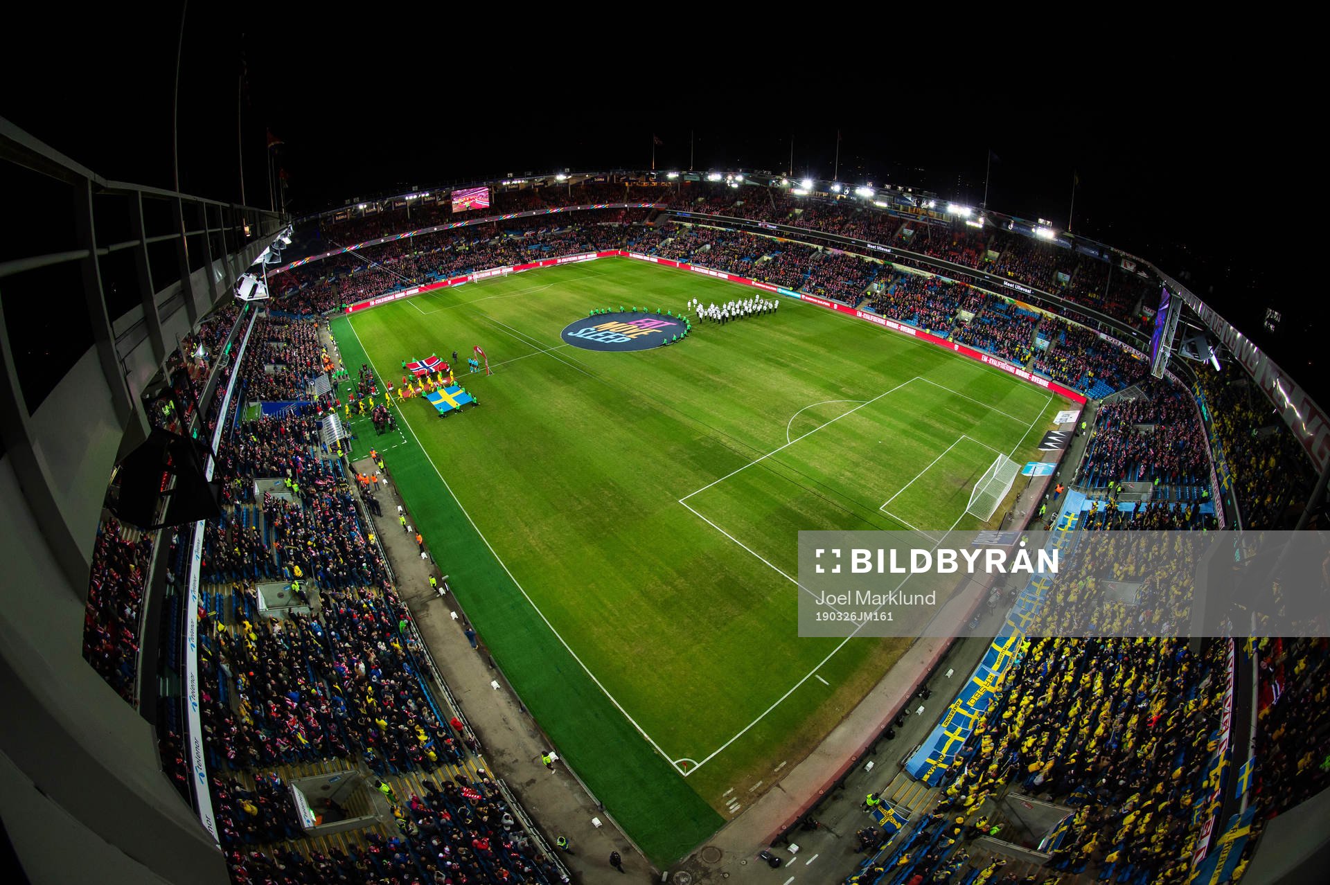 Players of team Norway and Sweden enter the field