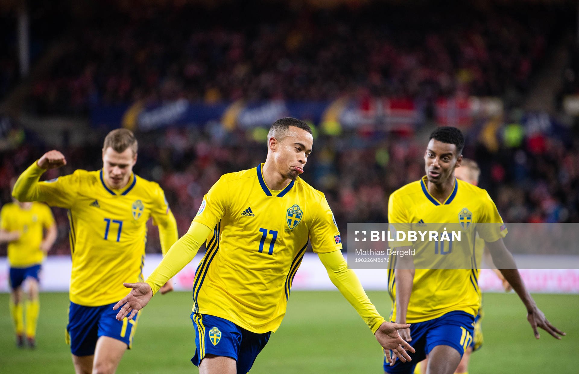 Viktor Claesson, Robin Quaison and Alexander Isak of Sweden