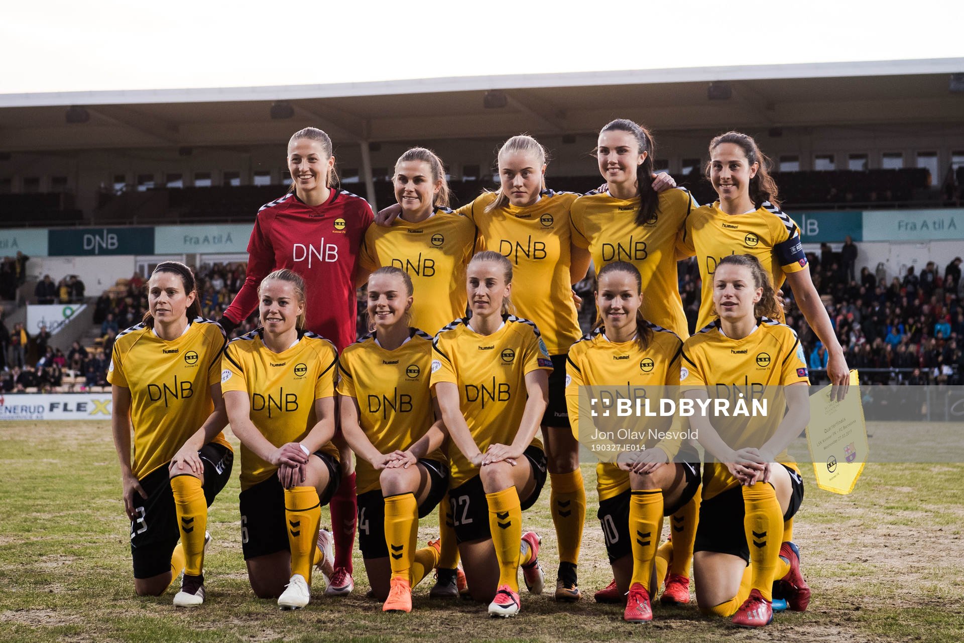 Goalkeeper Cecilie Fiskerstrand (2nd row), Emilie Bosshard Haavi, Sarah Alexandra Lilleberg Suphellen, Ingrid Syrstad Engen, Ingrid Moe Wold, Isabell Bachor (1st row), Therese Sessy Åsland, Emilie Marie Woldvik, Anja Sønstevold, Guro Reiten and Synne Skinnes Hansen of LSK Kvinner pose for a team group photo ahead of the UEFA Women's Champions League quarterfinal match between LSK Kvinner and Barcelona on March 27, 2019 in Lillestrøm.