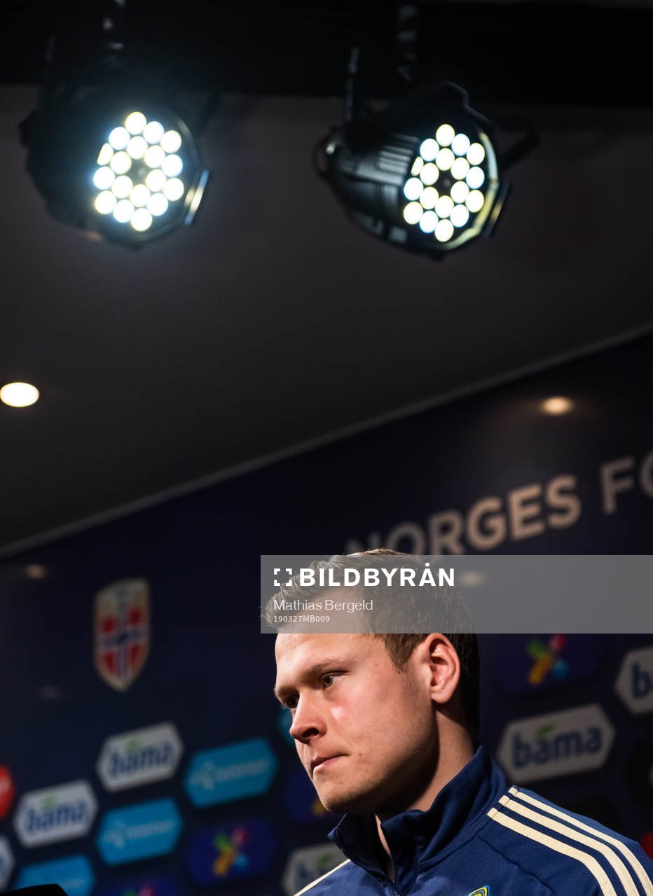 Viktor Claesson of Sweden talks to the media in the mixed zone after the UEFA Euro qualifier football match between Norway and Sweden on March 26, 2019 in Oslo.