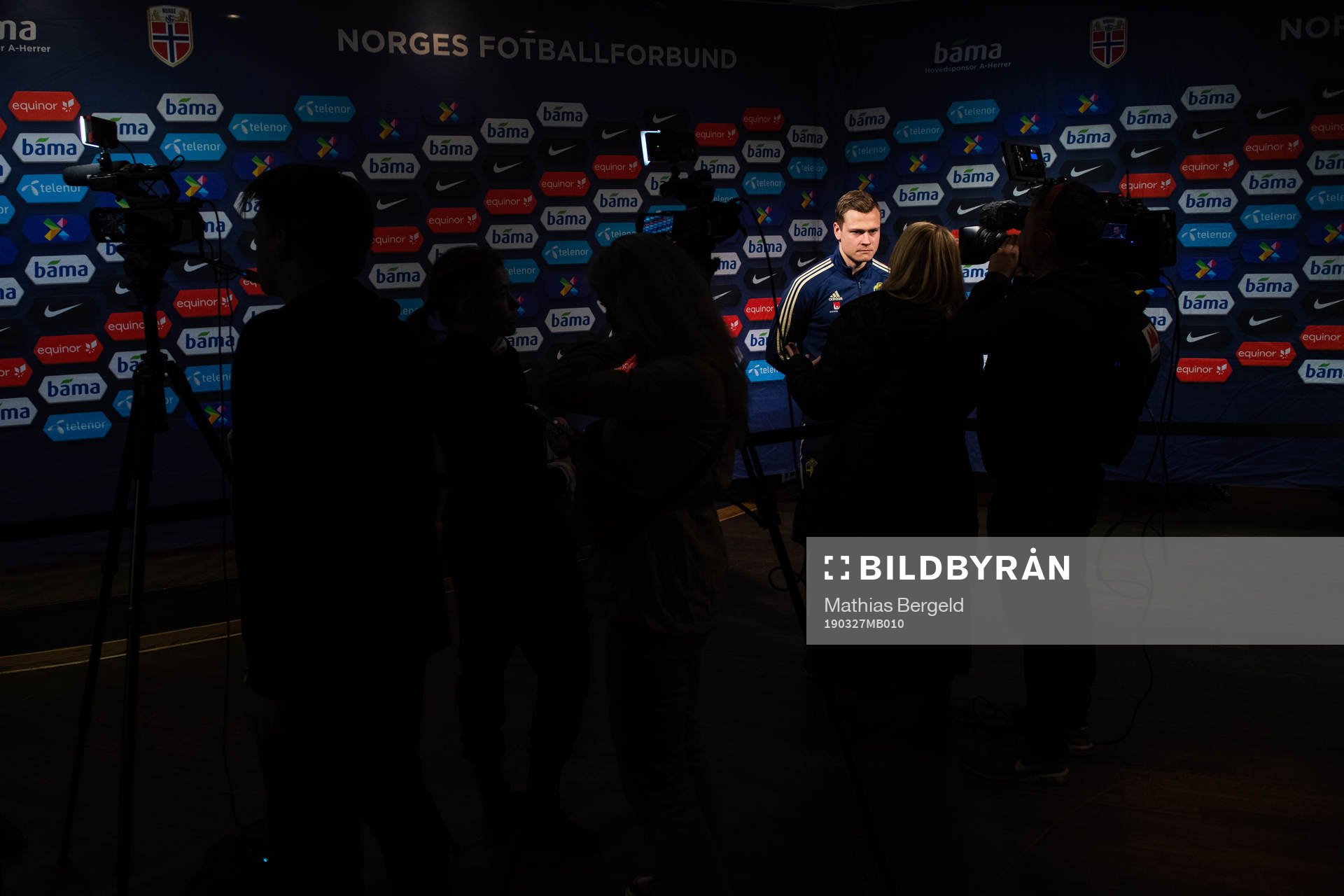 Viktor Claesson of Sweden talks to the media in the mixed zone after the UEFA Euro qualifier football match between Norway and Sweden on March 26, 2019 in Oslo.