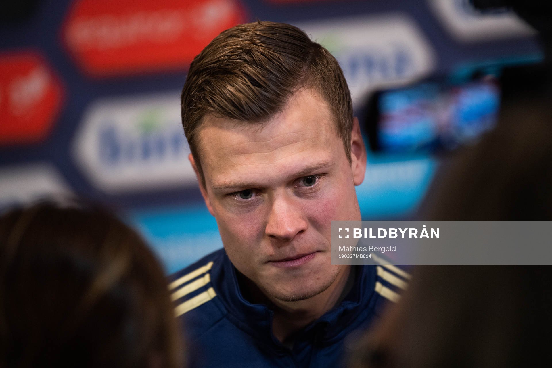 Viktor Claesson of Sweden talks to the media in the mixed zone after the UEFA Euro qualifier football match between Norway and Sweden on March 26, 2019 in Oslo.