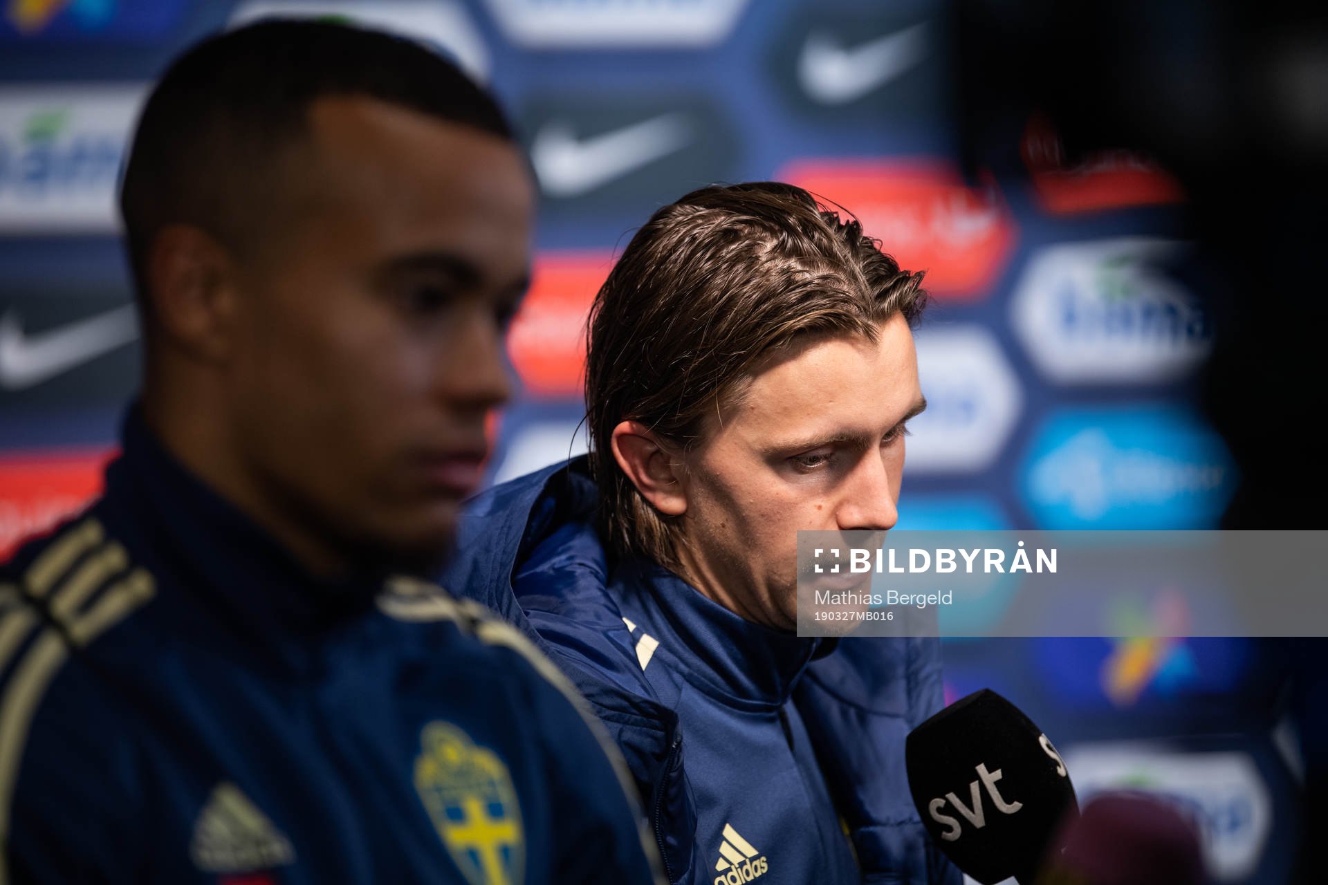 Kristoffer Olsson of Sweden talks to the media