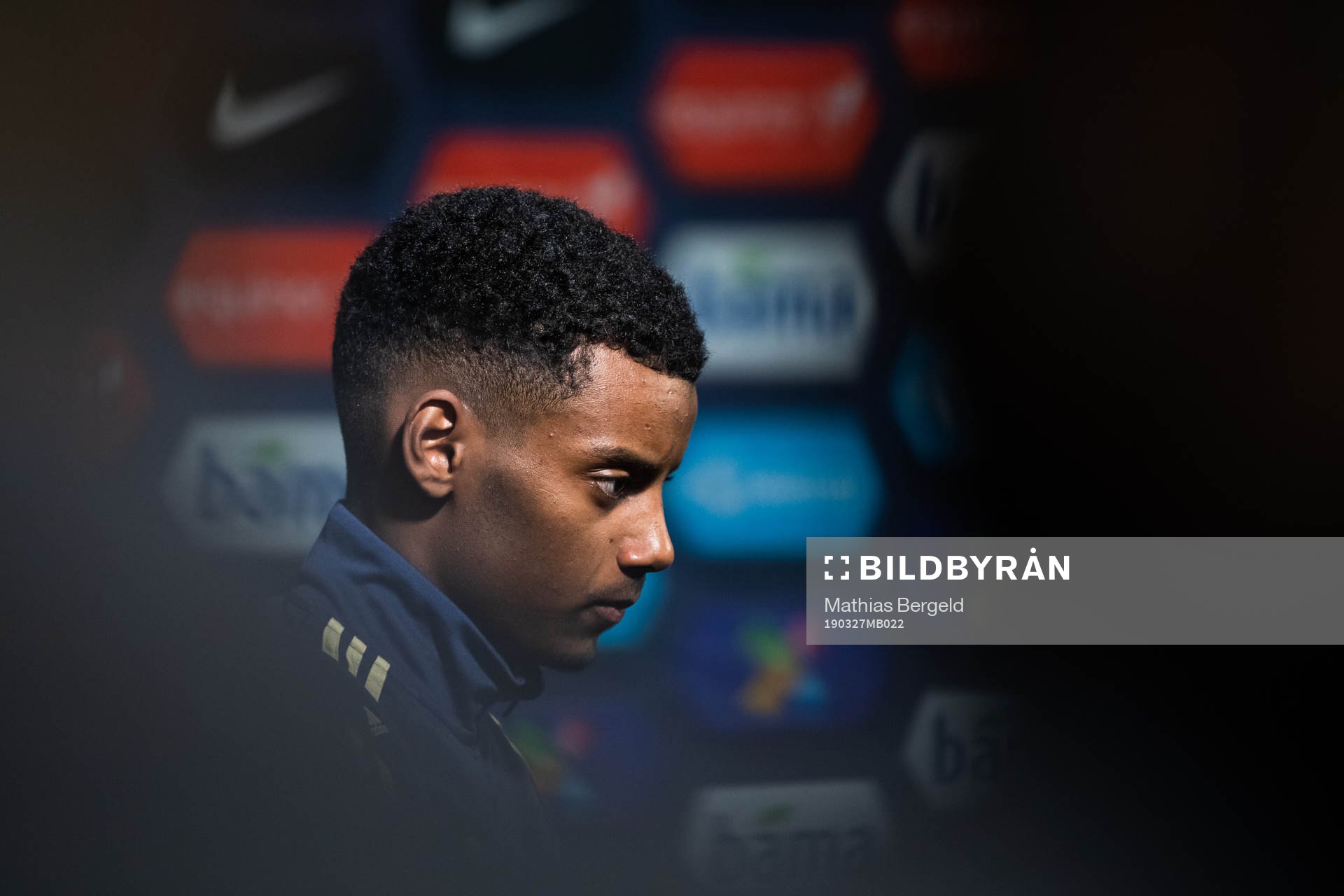 Alexander Isak of Sweden talks to the media