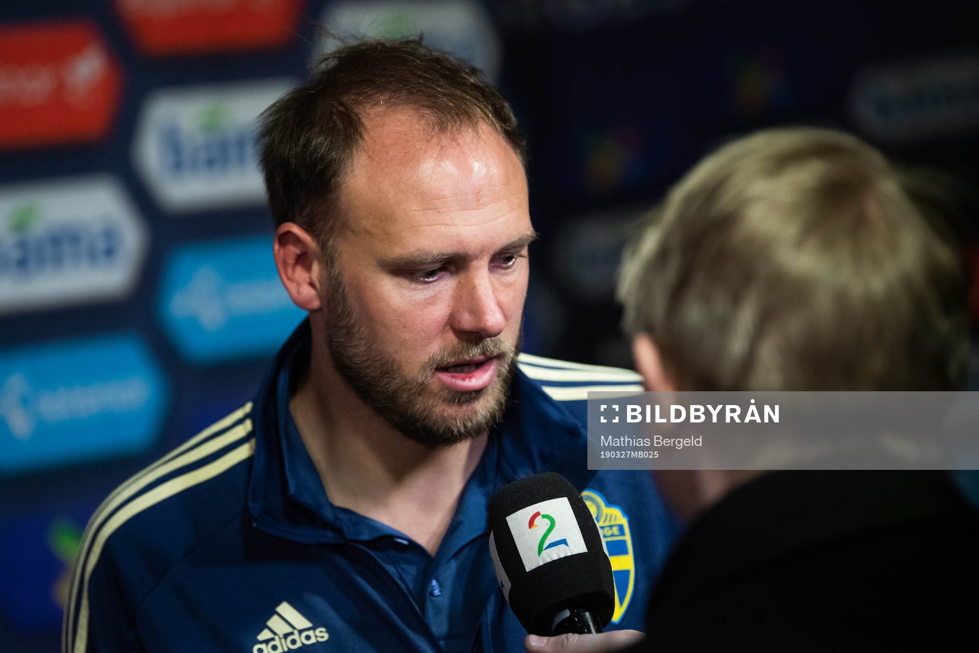 Andreas Granqvist of Sweden talks to the media