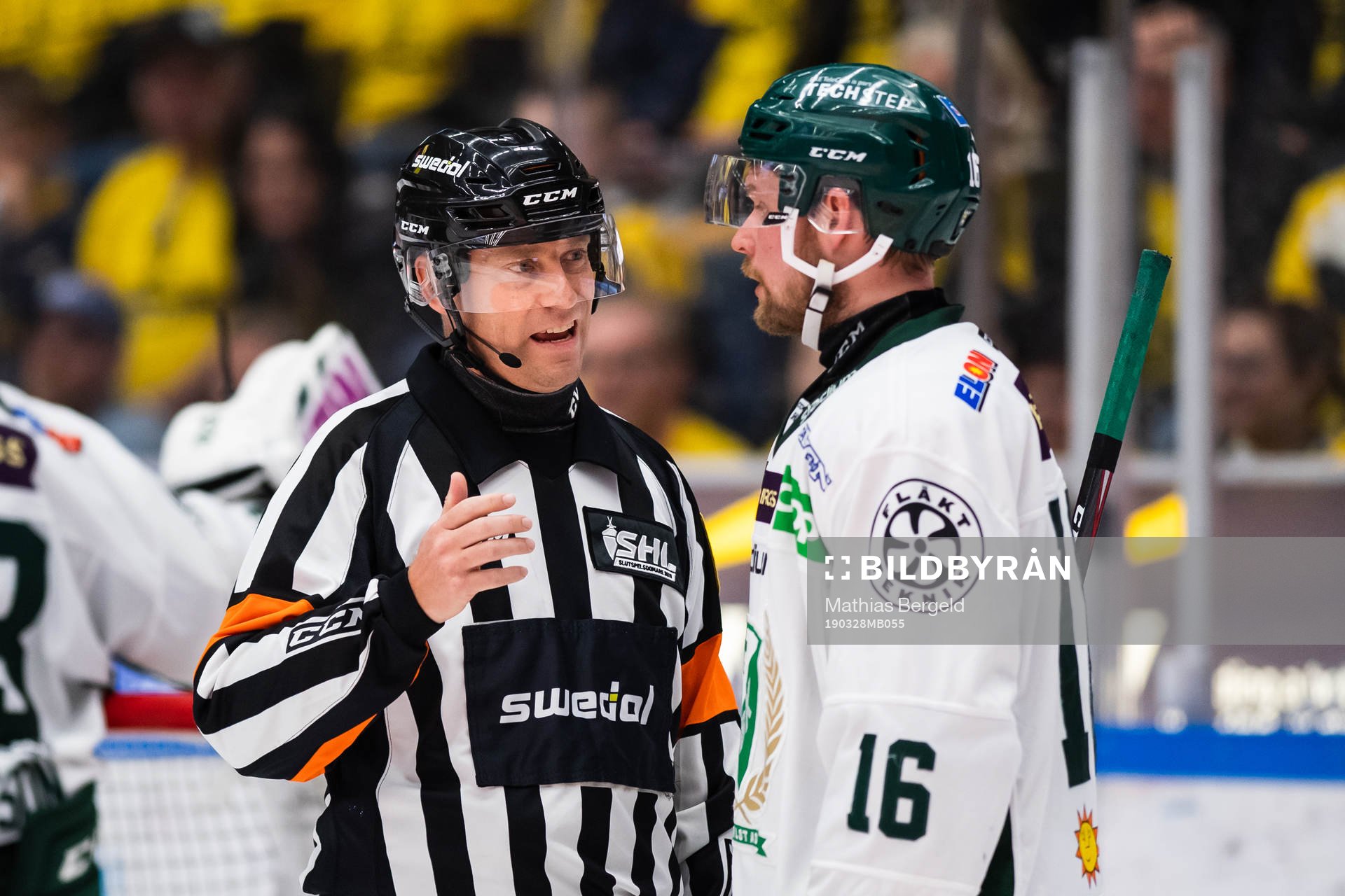 Domare Sören Persson pratar med Färjestads Alexander