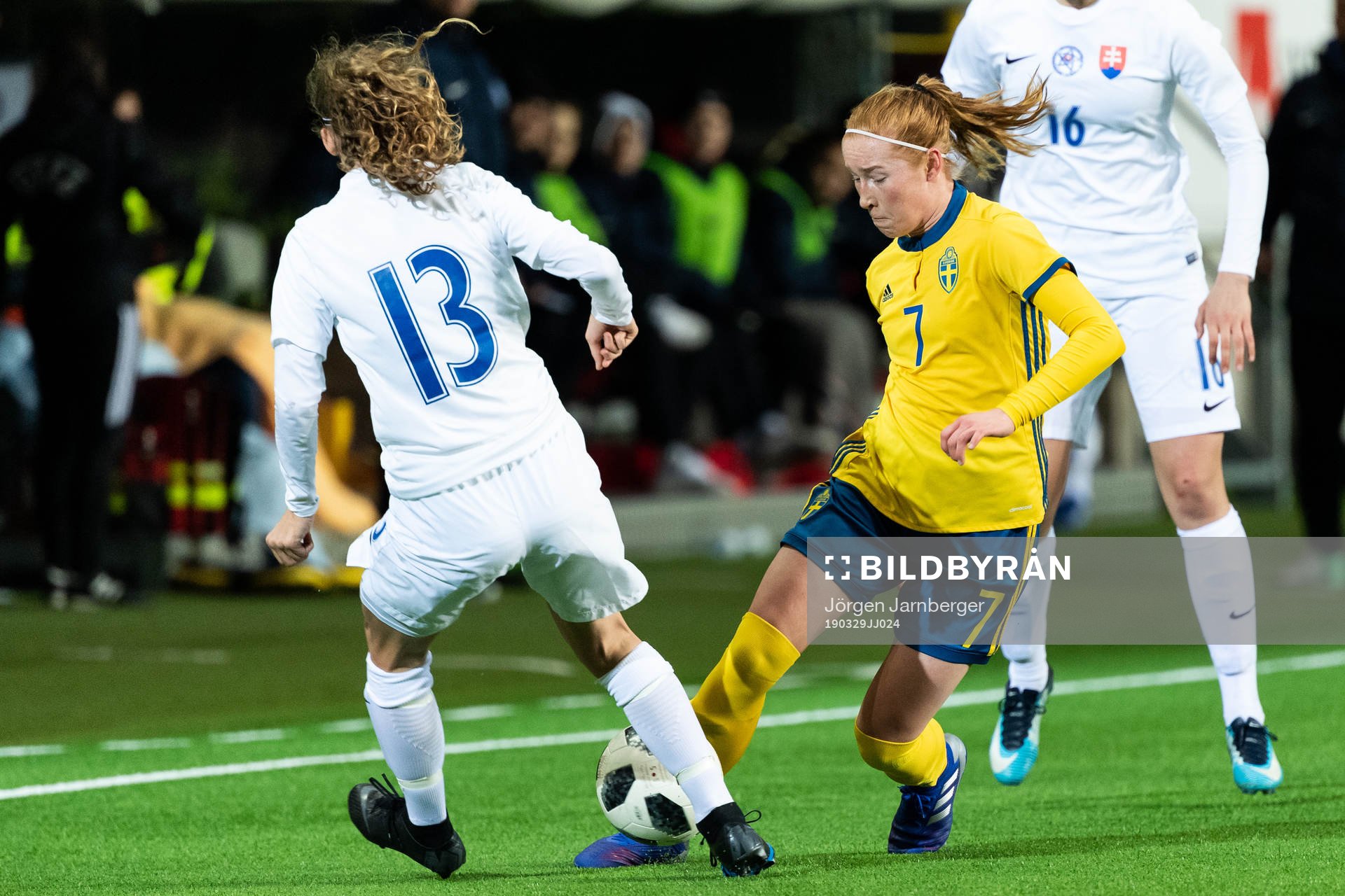 Sveriges Tilde Johansson under landskampen i fotboll F17 Elite Round mellan Slovakien och Sverige den 29 mars 2019 i Borås.