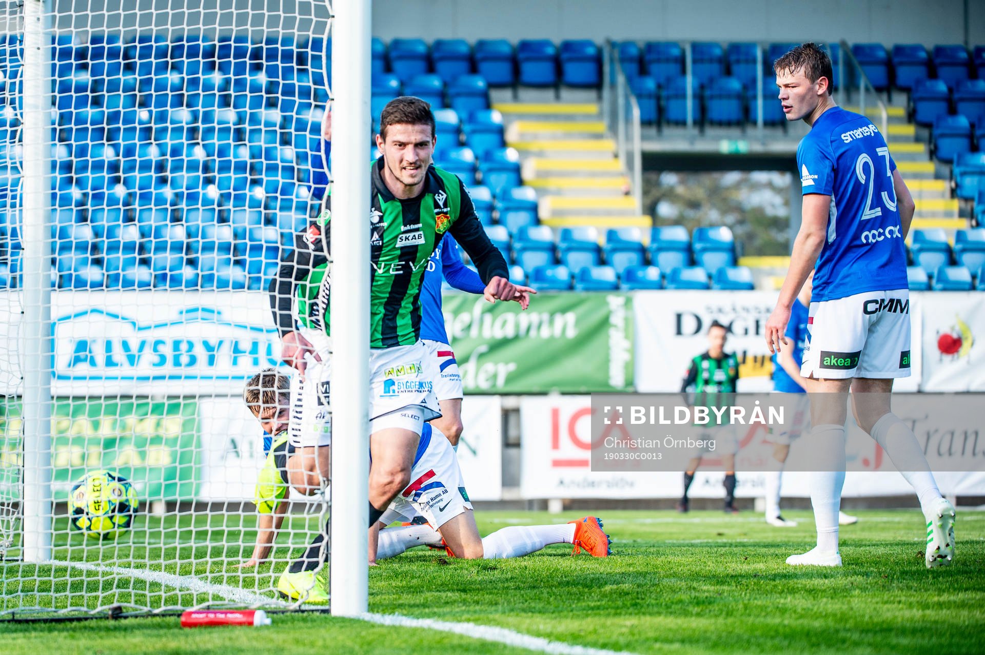 GAIS Nikola Asceric gör 2-2 under fotbollsmatchen i Superettan mellan Trelleborg och Gais den 30 mars 2019 i Trelleborg.
