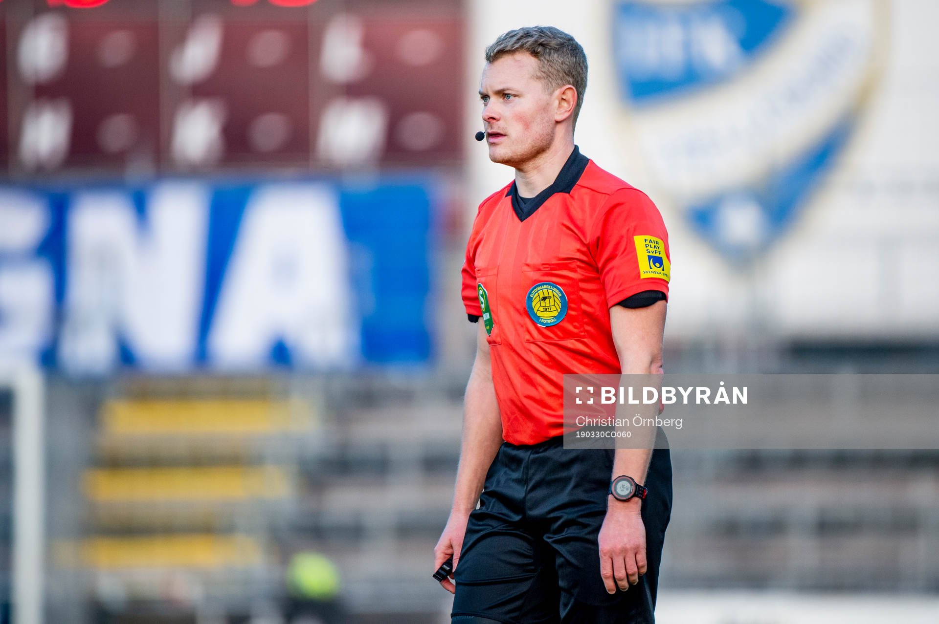 Domaren Fredrik Klitte under fotbollsmatchen i Superettan mellan Trelleborg och Gais den 30 mars 2019 i Trelleborg.