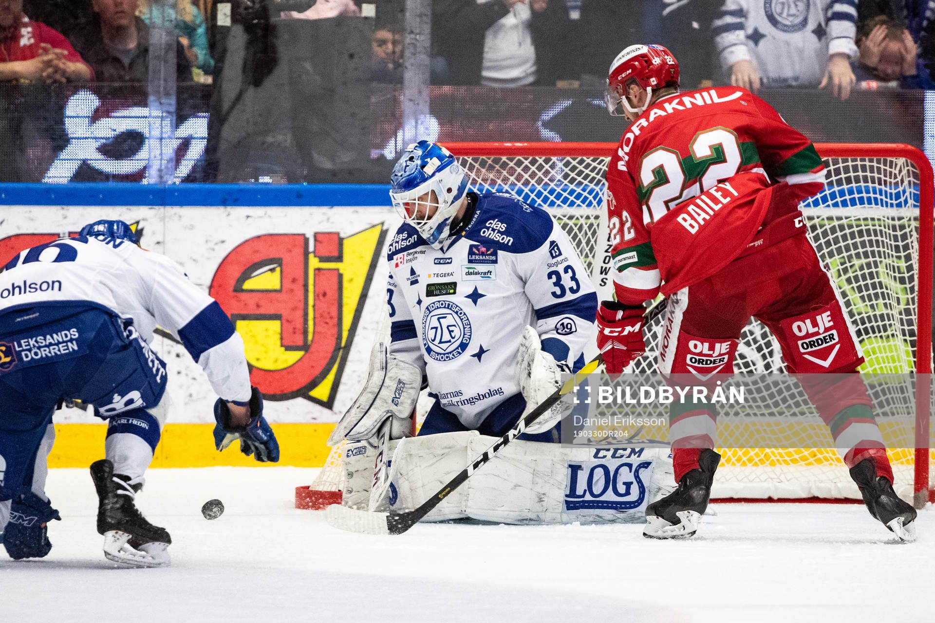 Leksands målvakt Axel Brage och Moras Matt Bailey