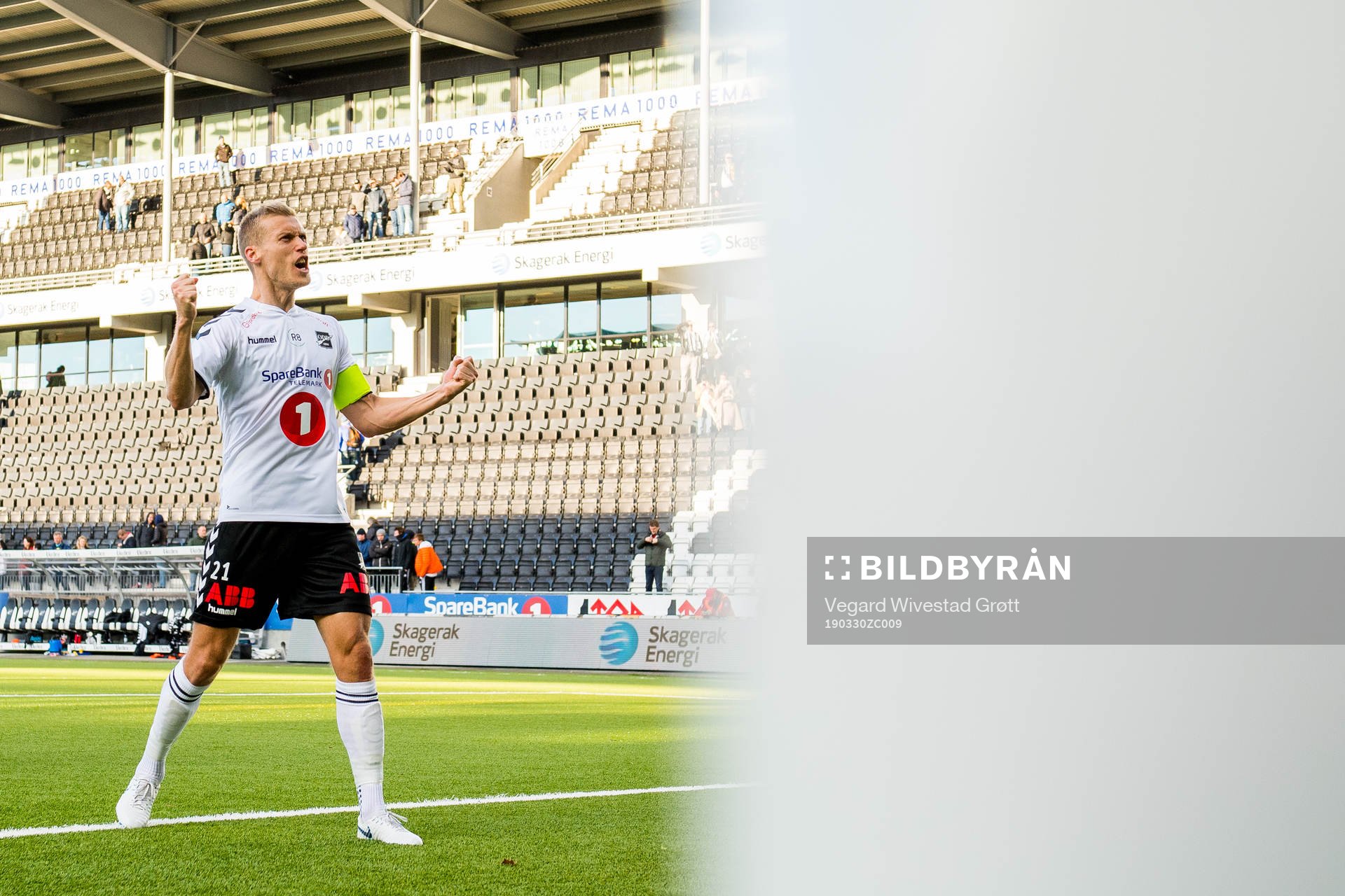 Steffen Hagen of Odd celebrates after winning the Eliteserien football match between Odd and Brann on March 30, 2019 in Skien.