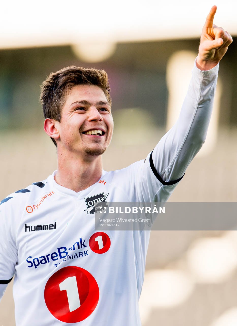 Torgeir Børven of Odd celebrates after the Eliteserien football match between Odd and Brann on March 30, 2019 in Skien.