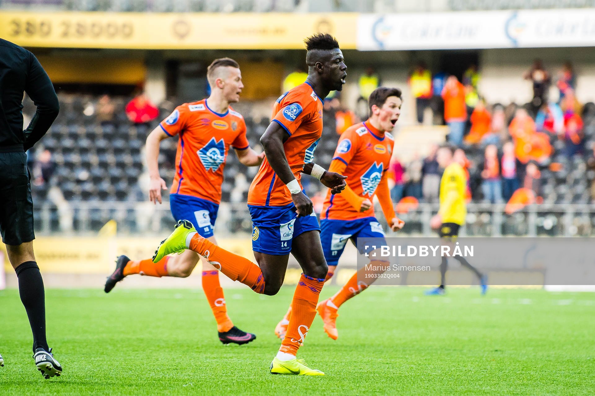 Pape Habib Gueye of Aalesund celebrates after 0-1 during the OBOS-ligaen match between Start and Aalesund on March 30, 2019 in Kristiansand.