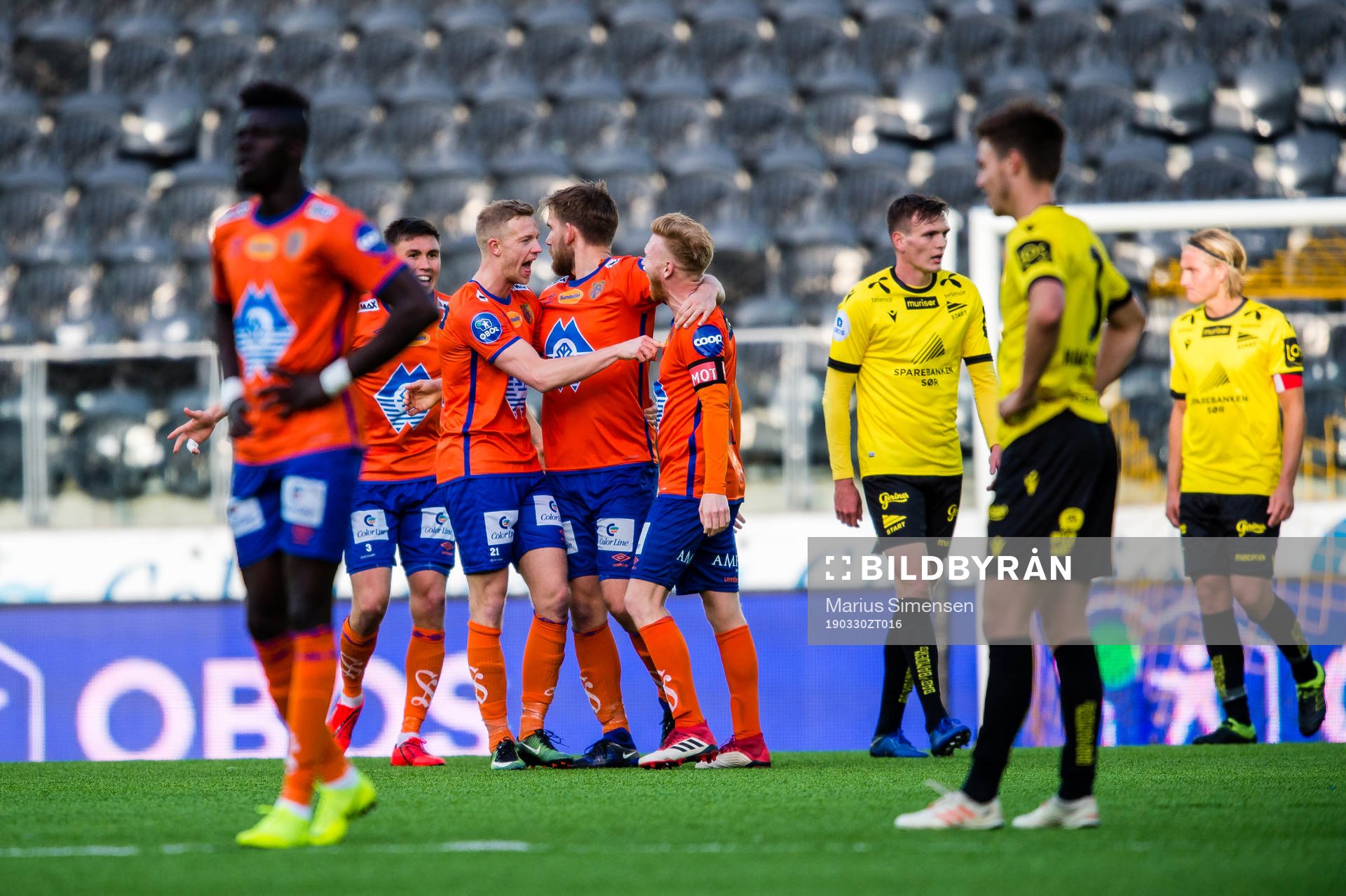 Daniel Leo Gretarsson Schmidt, Peter Orry Larsen, Oddbjørn Lie and Fredrik Kjernmoen Carlsen of Aalesund celebrates after the OBOS-ligaen match between Start and Aalesund on March 30, 2019 in Kristiansand.