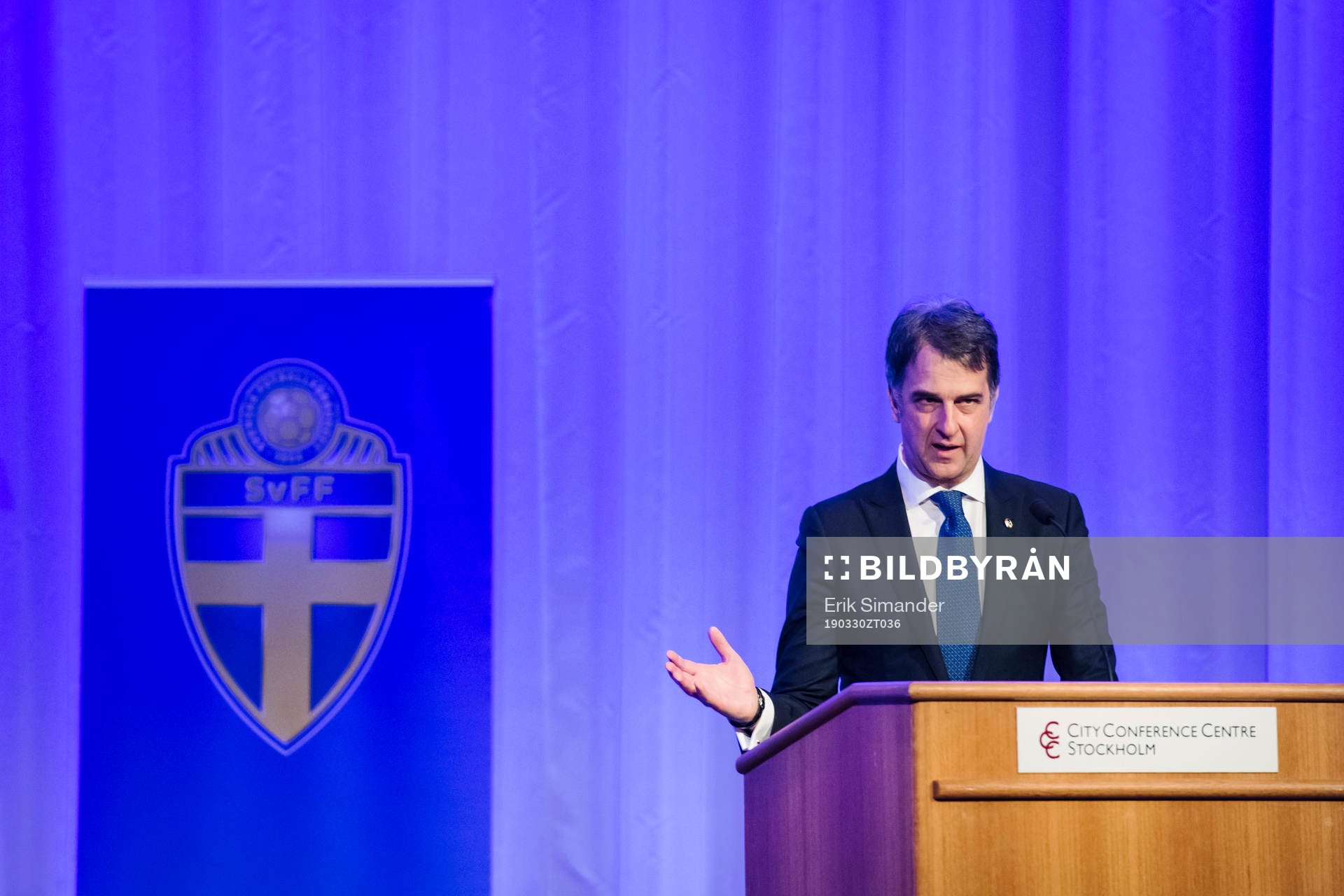 Michele Uva, en av UEFA:s vicepresidenter, under Svenska Fotbollsförbundets årsmöte den 30 mars 2019 i Stockholm.