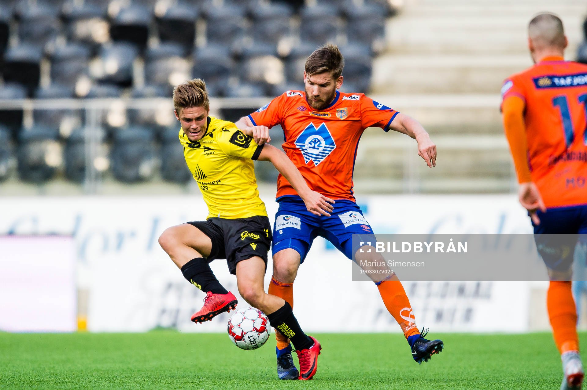 Mathias Idsøe Bringaker of Start and Oddbjørn Lie of Aalesund during the OBOS-ligaen match between Start and Aalesund on March 30, 2019 in Kristiansand.
