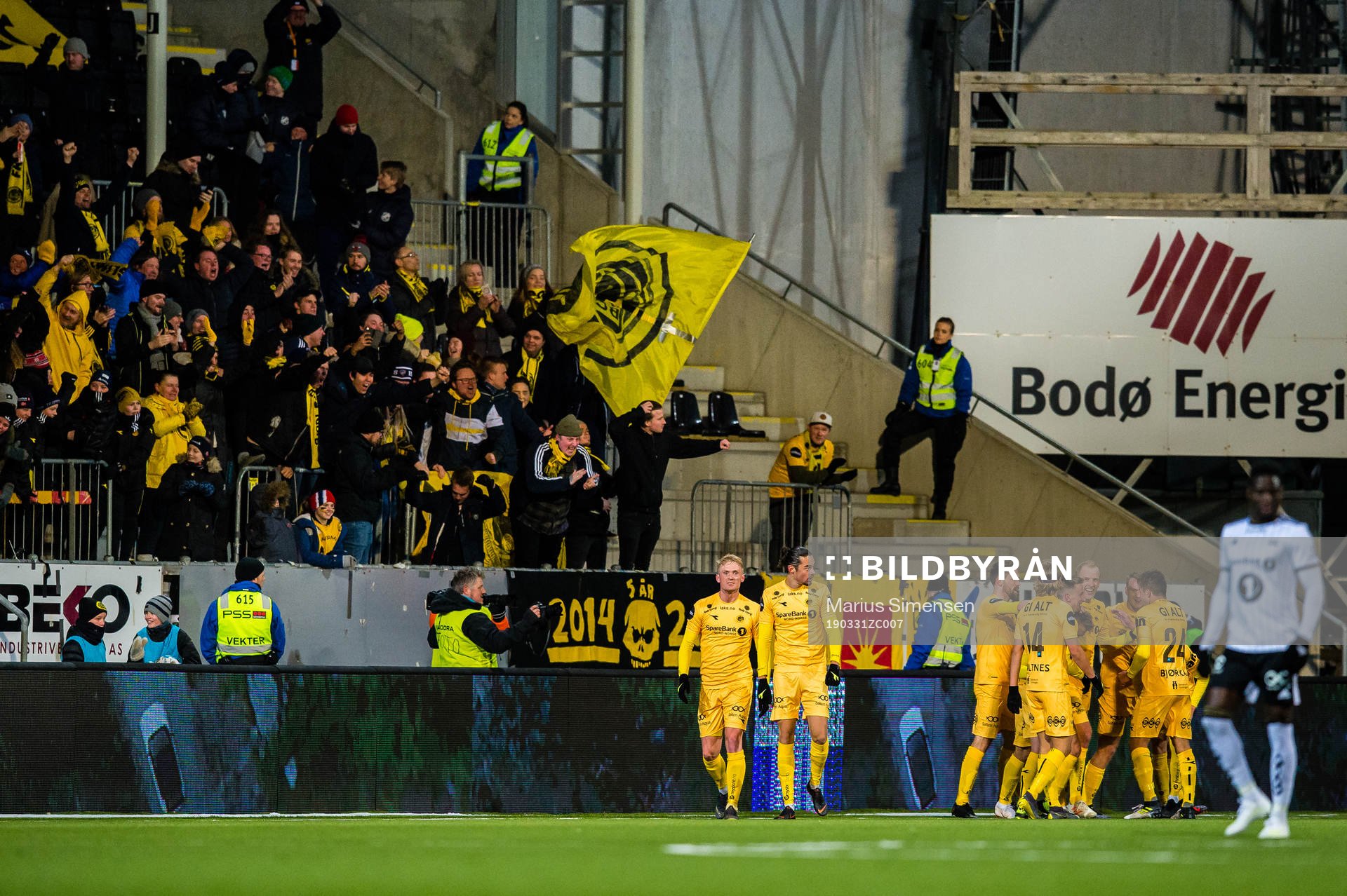 Morten Ågnes Konradsen of Bodø/Glimt celebrates after 1-0 during the Eliteserien match between Bodø/Glimt and Rosenborg on March 31, 2019 in Bodø.