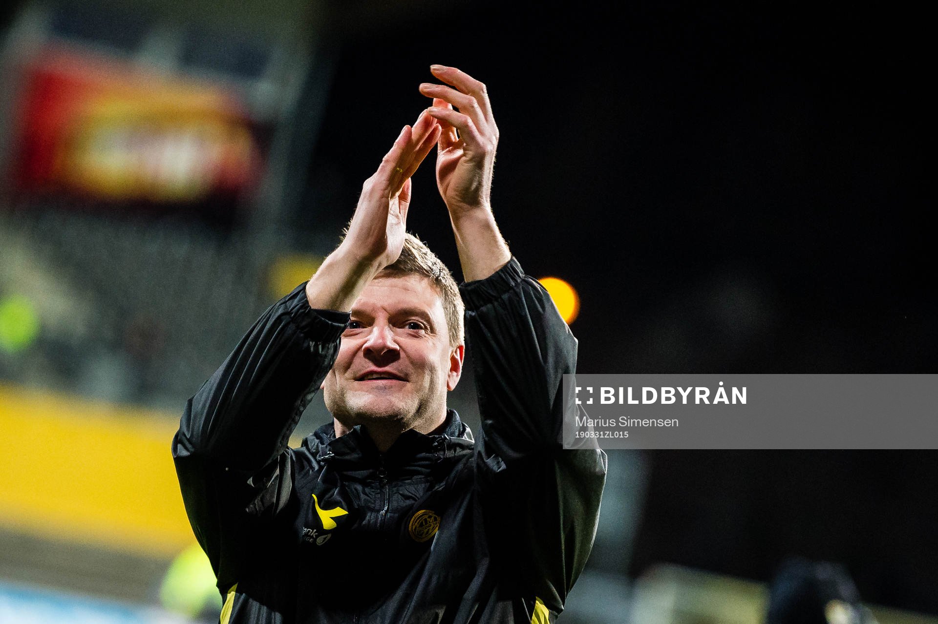 Aasmund Bjørkan, assistant coach of Bodø/Glimt, celebrates after the Eliteserien match between Bodø/Glimt and Rosenborg on March 31, 2019 in Bodø.