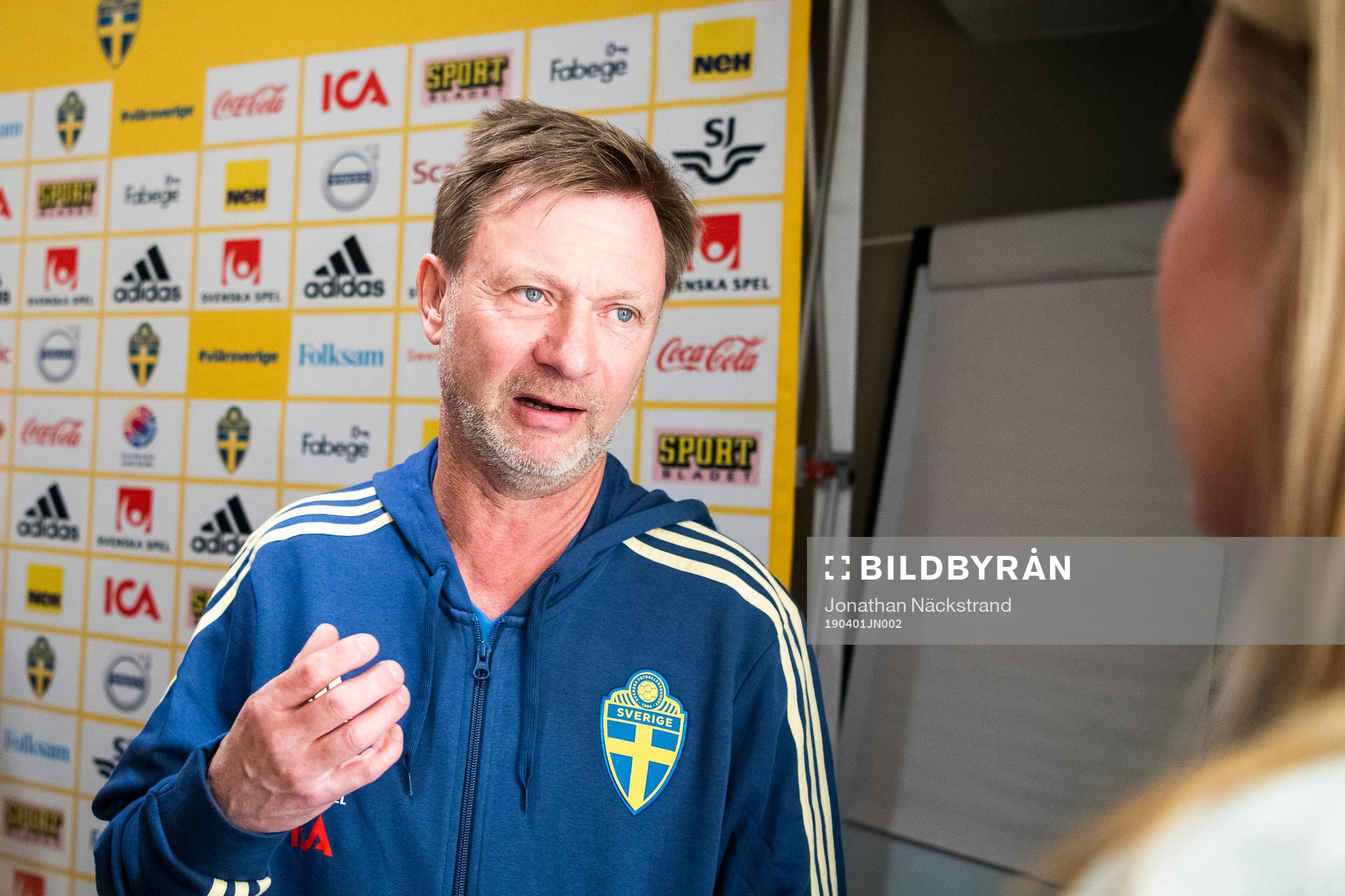 Sweden's head coach Peter Gerhardsson speaks to the media during a mixed zone on April 1, 2019 in Stockholm. 