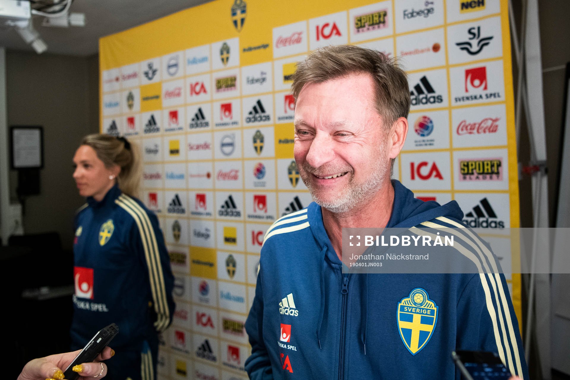 Sweden's head coach Peter Gerhardsson speaks to the media